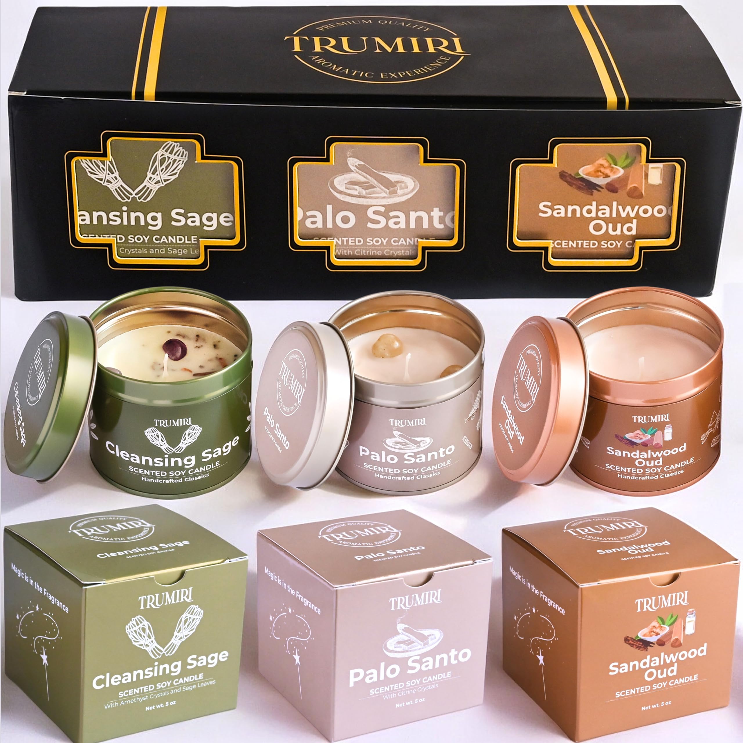 Sage Candle for Cleansing House Negative Energy Smudge Kit - 5oz Soy Wax Natural Clean Organic Non Toxic - Aromatherapy Spiritual Meditation Gifts - Long Lasting Highly Scented Candel with Crystals