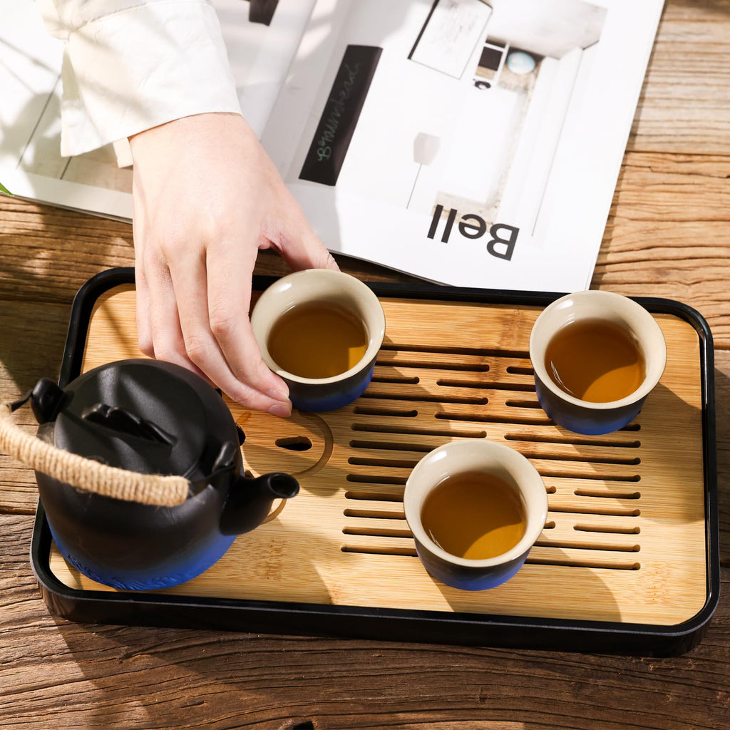 LURRIER Gongfu tea sets, Portable Ceramic TeaSet, Asian Tea sets for adult, Tea Gift sets, Grey leather case, Portable Travel Bag,Home,Gifting,Outdoor and Office(Black)