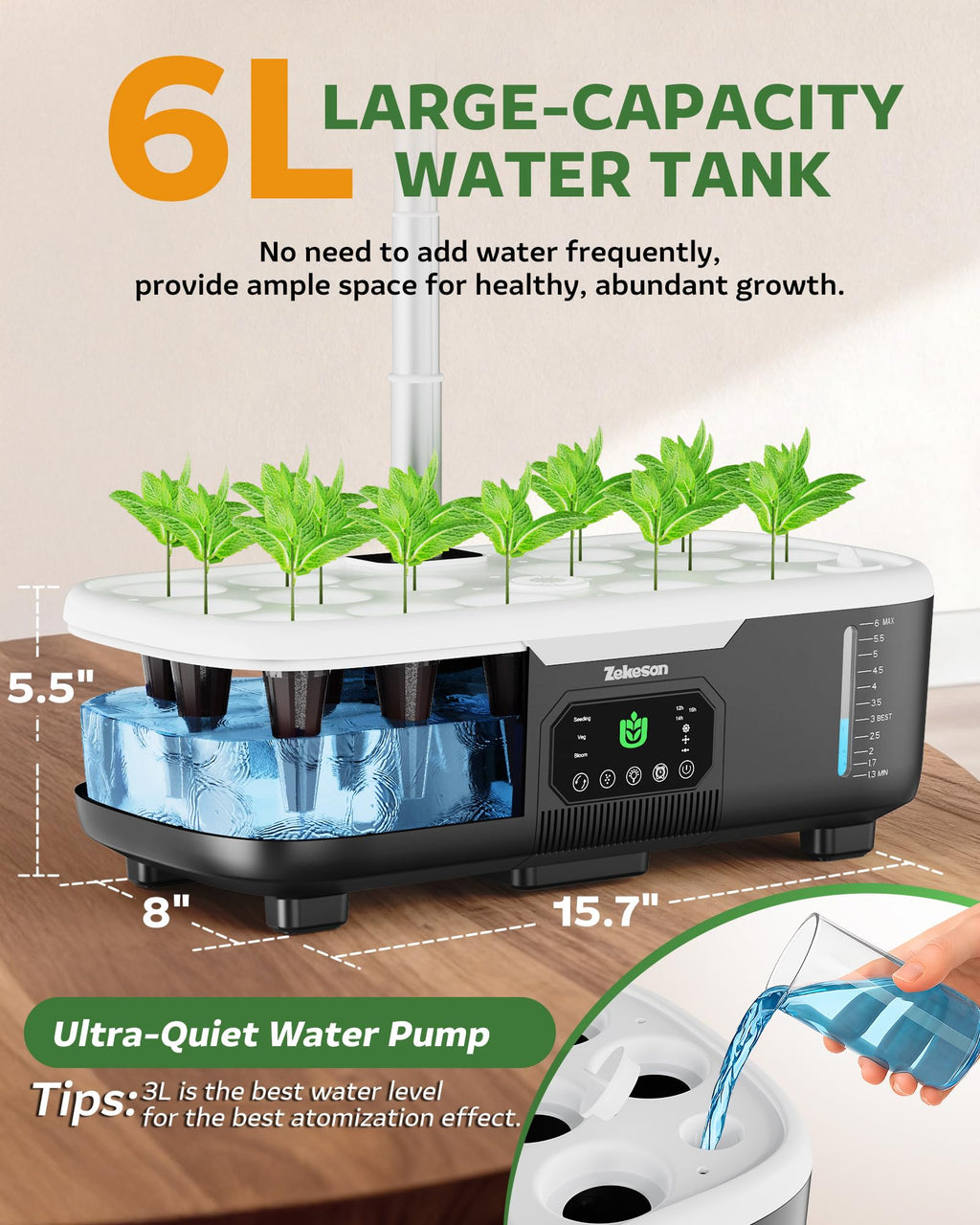 Misting Hydroponic Growing System Kit 15-Pods Indoor Smart Herb Garden Planter with LCD Touch Panel 6L Large Tank for Herb/Vegetables/Flowers/Fruits,Gardening Gifts for Women Men Beginners-White