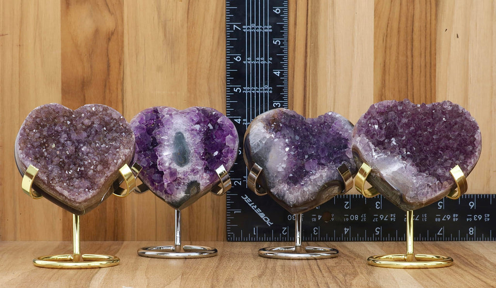 Hand-carved Amethyst Heart Cluster with Stand, Natural Raw Crystal Heart Stone 1–7 Inch tall (50g–1200g), Reiki Healing Gemstone, Love, spiritual Valentine Gift. (200-350 Grams-1.5 to 2.5" tall)