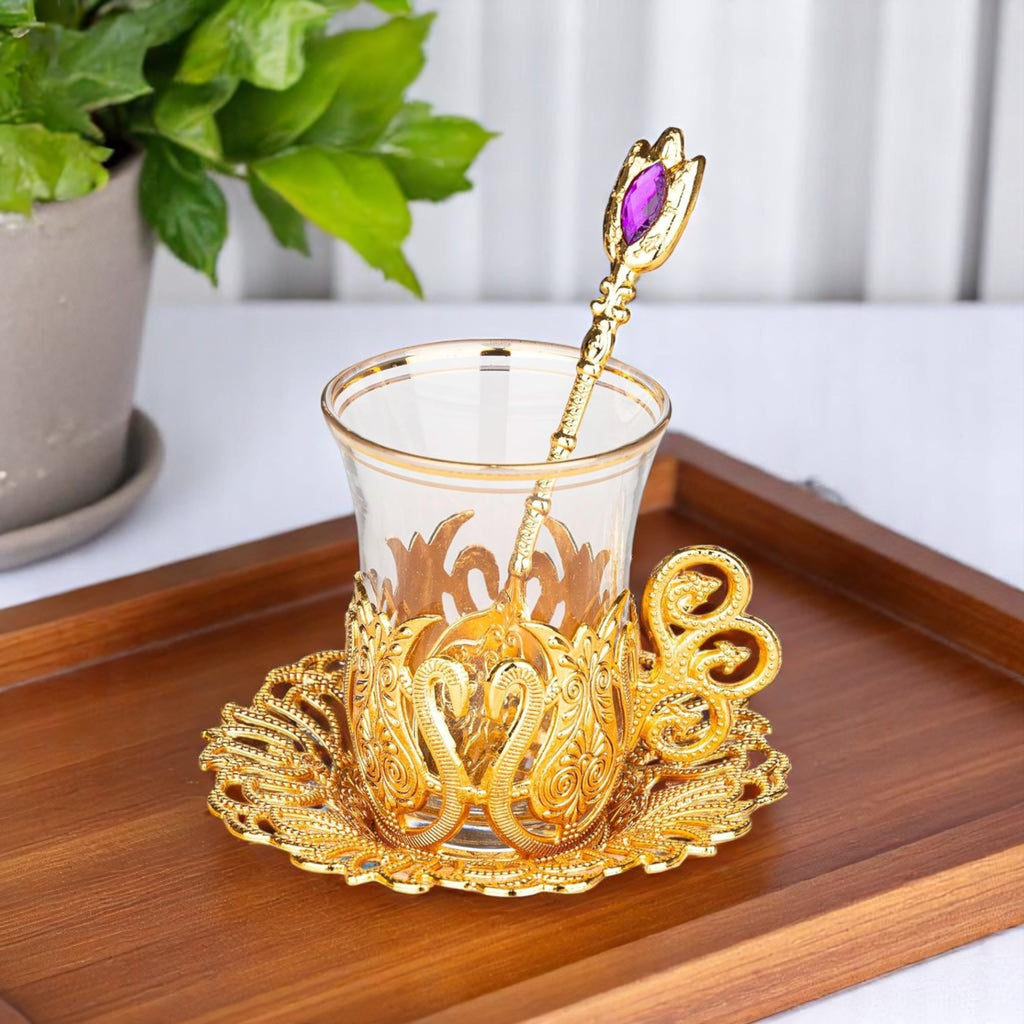 Alisveristime (SET OF 6 Handmade Turkish Tea Water Zamzam Serving Set Glasses Saucer and Spoon (Ottoman) (Gold)