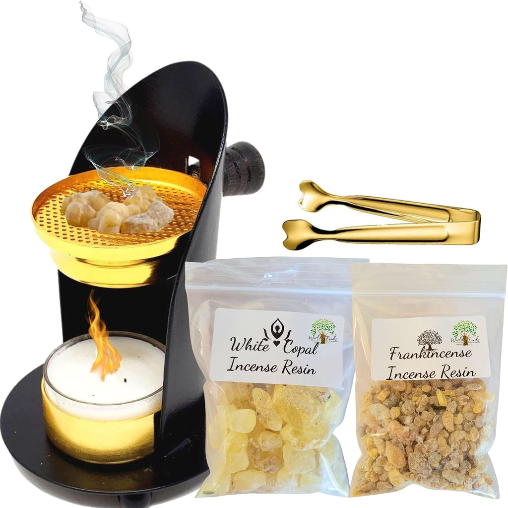 Resin Incense Burner Set – Adjustable Incense Burner Holder, 100% Pure Copal & Frankincense Variety, Tealight Resin Burner Kit for Cleansing, Smudging, Purification