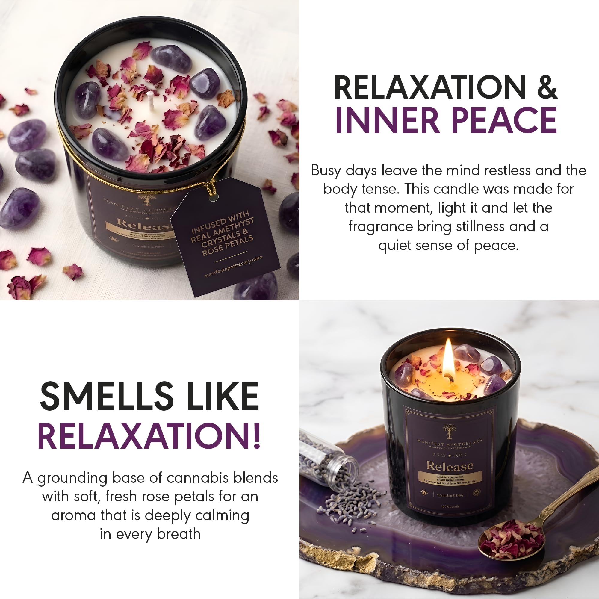 Aromatherapy Scented Candle for Women & Men - Infused with Rose Petals, Cannabis, & Amethyst Crystals - 100% Cotton Wick, 50 Hrs Burn Time & 10.5 Oz Hand-Poured Soy Candle for Relaxation & Mindfulness