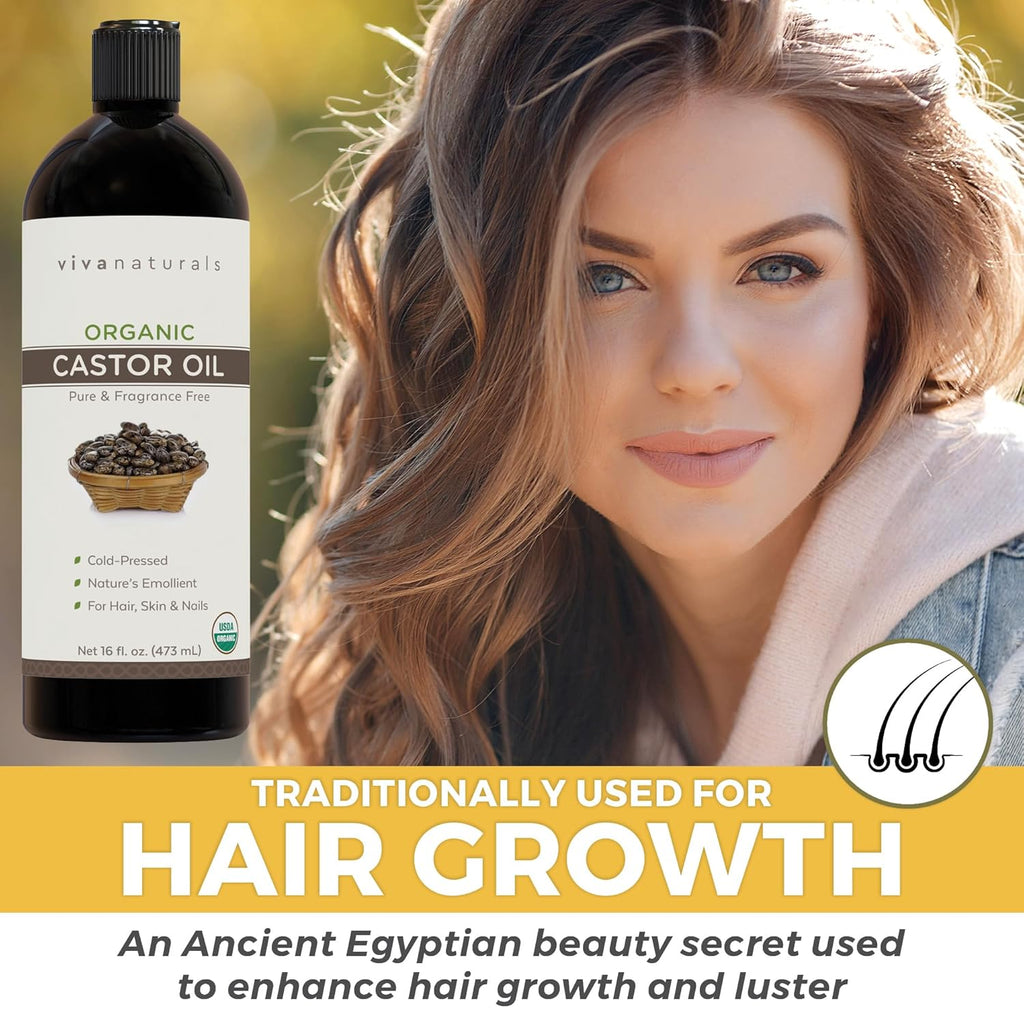 Viva Naturals Organic Castor Oil, Cold-Pressed, 16 fl oz – For Face, Hair, Eyelashes, USDA Organic, Non-GMO - With Beauty Kit