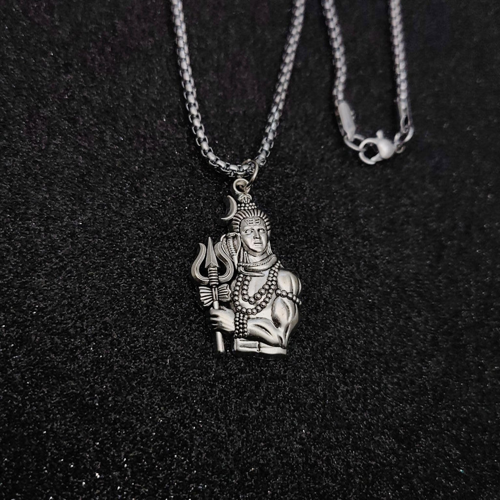 Stainless Steel Shiva's Trishul Damaru Pendant with Chain for Men, Anti-Tarnish Mahadev Mahakal Bholenath Necklace for Men & Women - Oxidized Silver Finish