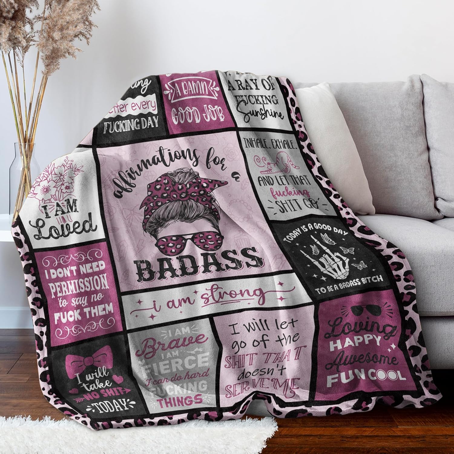 Craftique Affirmations for a Badass Blanket, Birthday Gifts for Women, Daily Motivational/Inspirational/Self Care Blanket for Women, Funny Practical Badass Affirmations Blankets, Soft