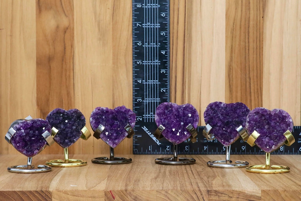 Hand-carved Amethyst Heart Cluster with Stand, Natural Raw Crystal Heart Stone 1–7 Inch tall (50g–1200g), Reiki Healing Gemstone, Love, spiritual Valentine Gift. (200-350 Grams-1.5 to 2.5" tall)