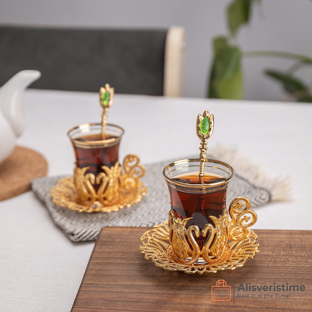 Alisveristime (SET OF 6 Handmade Turkish Tea Water Zamzam Serving Set Glasses Saucer and Spoon (Ottoman) (Gold)