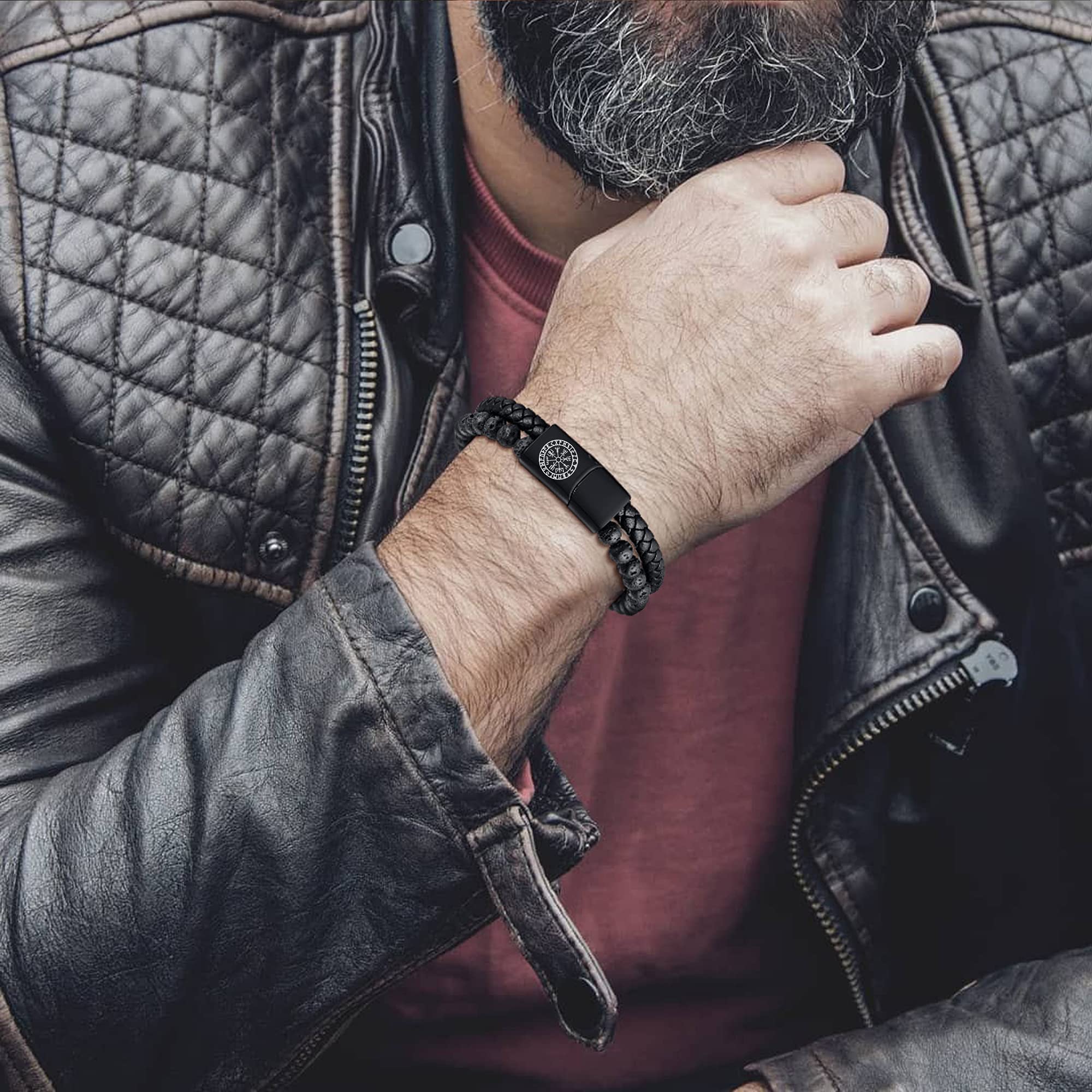 VNOX Viking Bracelet for Men - Genuine Leather Braided Viking Bracelets Vintage Thor's Hammer Wrap Cuff Wirstband Bracelets,Viking Jewelry for Men