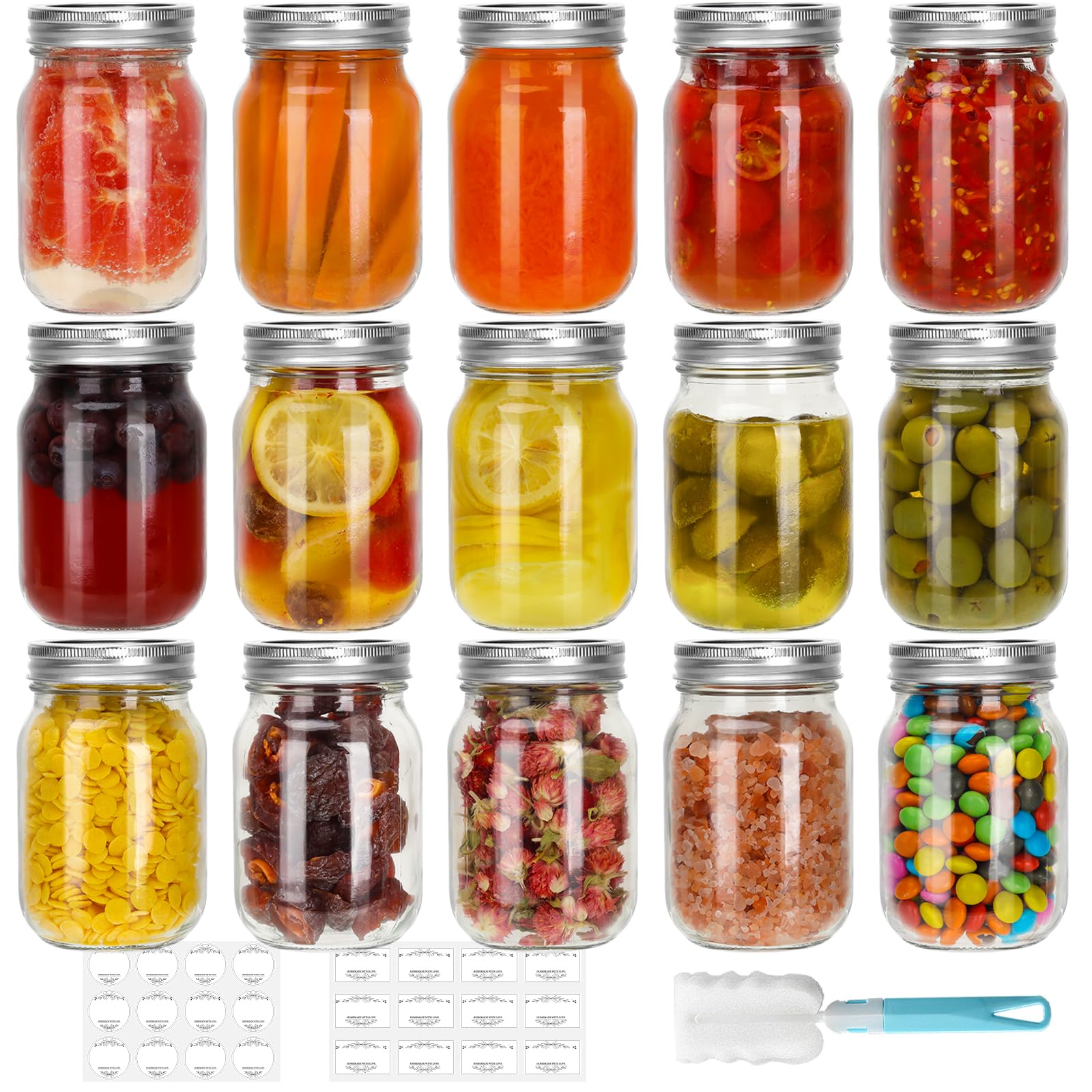CycleMore 20 Pcs 12oz Glass Mason Jars With Silver Separable Lids, 350ml Round Canning Jars for Honey, Jam, Herb, Wedding Favor, Kitchen Storage Wide Mouth Bottles for Crafts, Meal Prep
