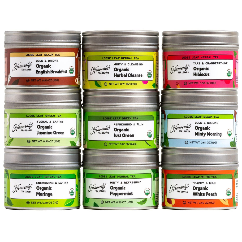 Heavenly Tea Leaves Organic 9 Flavor Variety Pack, Loose Leaf Tea Sampler Gift Set (Approx. 90 Cups) | Assorted Green Black White Herbal Teas, Premium Whole Leaf Collection, Gourmet Box for Tea Lovers | Sampler, Great Iced or Hot, High to No Caffeine
