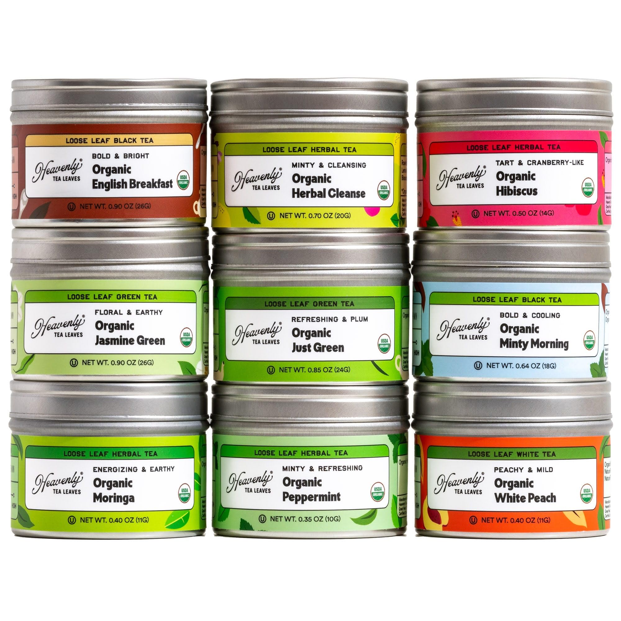 Heavenly Tea Leaves Organic 9 Flavor Variety Pack, Loose Leaf Tea Sampler Gift Set (Approx. 90 Cups) | Assorted Green Black White Herbal Teas, Premium Whole Leaf Collection, Gourmet Box for Tea Lovers | Sampler, Great Iced or Hot, High to No Caffeine