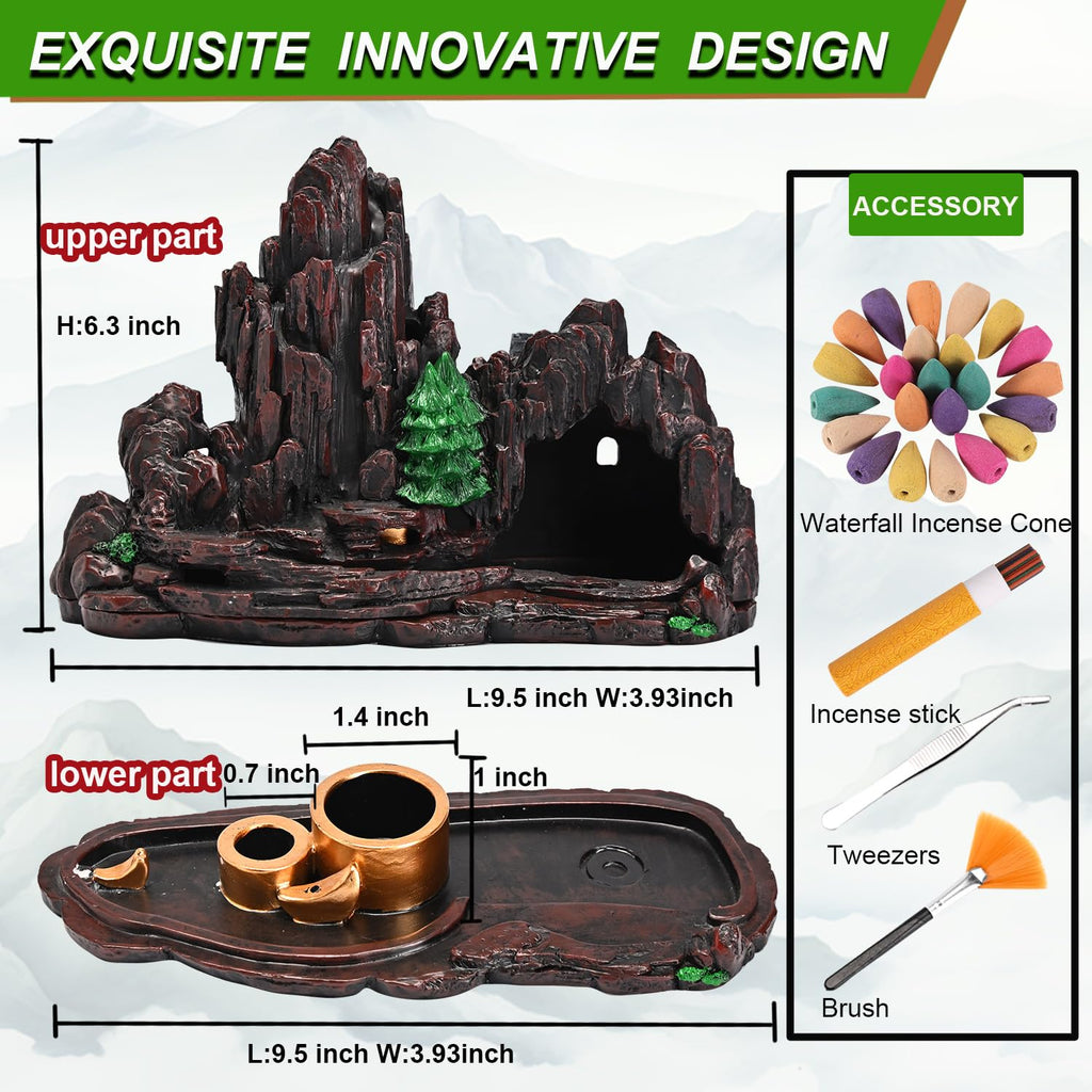 Mountain Waterfall Incense Burner，Backfall Incense Holder River, Incense Falls Meditation Decor for Room with Upgrade Incense Cones and Accessories (5in1 Palo Santo)