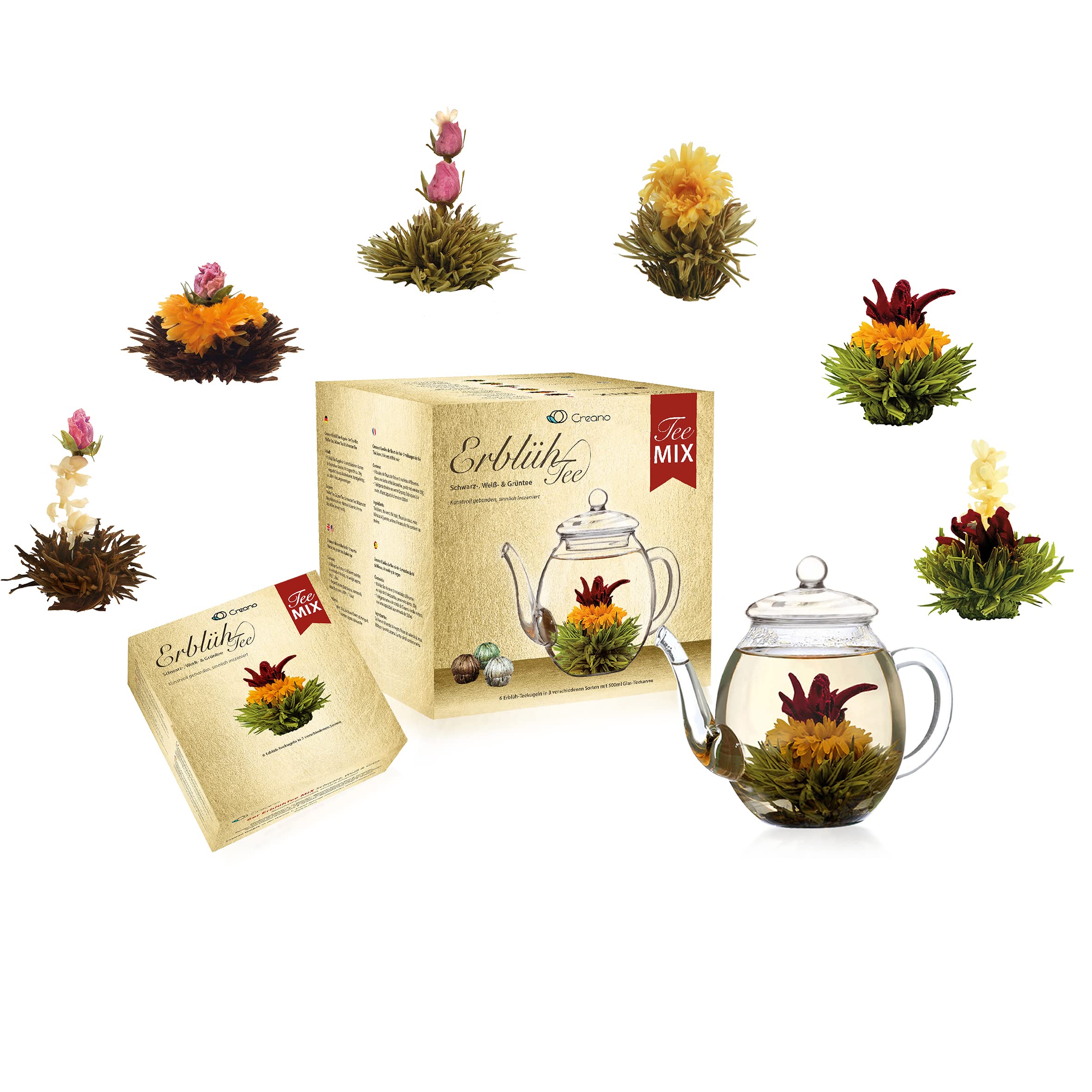 Creano Blooming Tea Gift Set with Glass Teapot 17oz (500ml) - Green Tea Fruity Flavoured Tea Flowers in 6 Varieties - Flowering Tea Gift for Easter