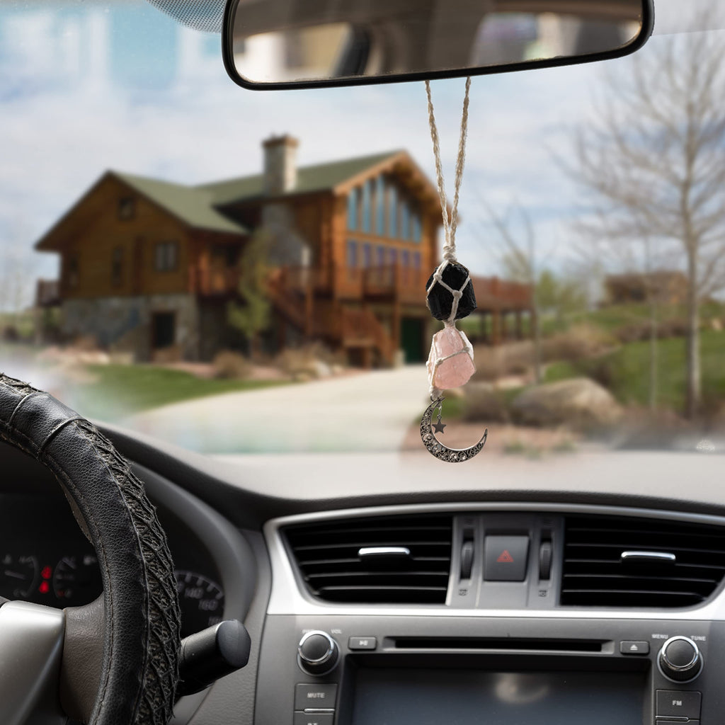 BOHO GARDEN Crystal Hanging Car Charm - Purple Rear View Mirror Hanging Car Accessories for Women, Moon Decor Hanging Ornament, Witchy Gifts and Healing Stones - Rose Quartz & Amethyst