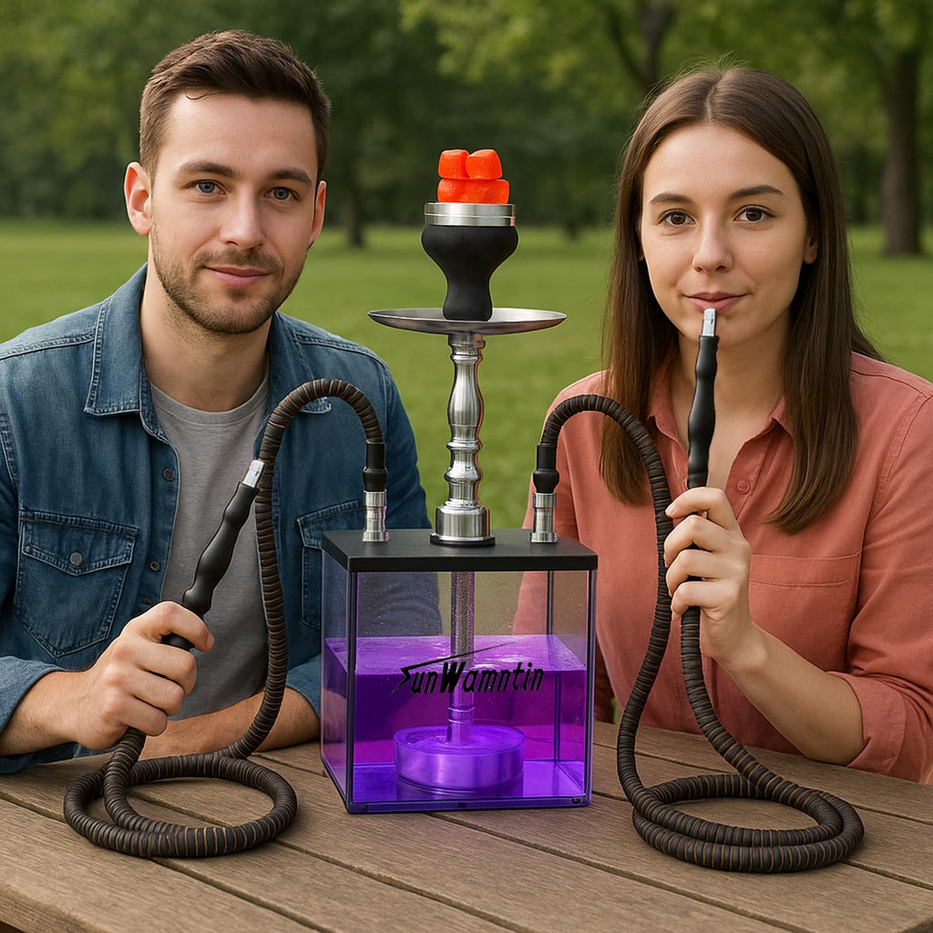 2 Hose Large Cloud Production Acrylic Hookah Set with Everything, Travel Kit with LED Hookah Machine for Shisha Smoking Experience（Black）