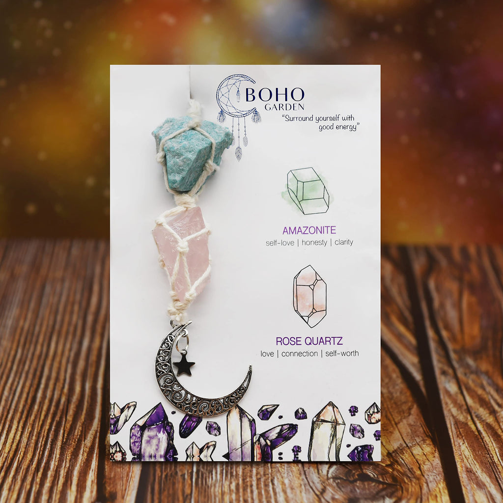 BOHO GARDEN Crystal Hanging Car Charm - Purple Rear View Mirror Hanging Car Accessories for Women, Moon Decor Hanging Ornament, Witchy Gifts and Healing Stones - Rose Quartz & Amethyst