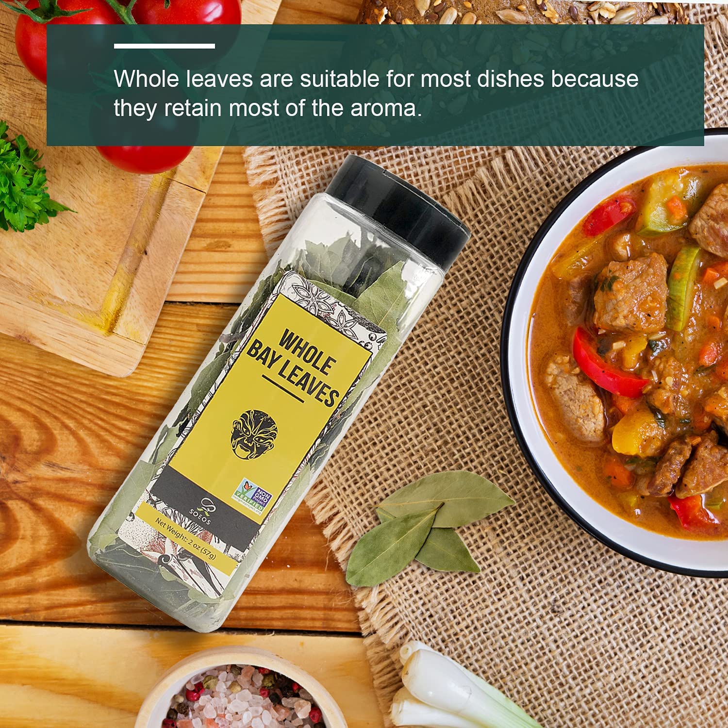 Soeos Bay Leaves Whole, 2 oz(57g), Non-GMO Verified, Dried Leaf, Freshly Packed to Keep Fresh, Laurel Herbs for Cooking, Dried Bay Leaves, Fresh, Green