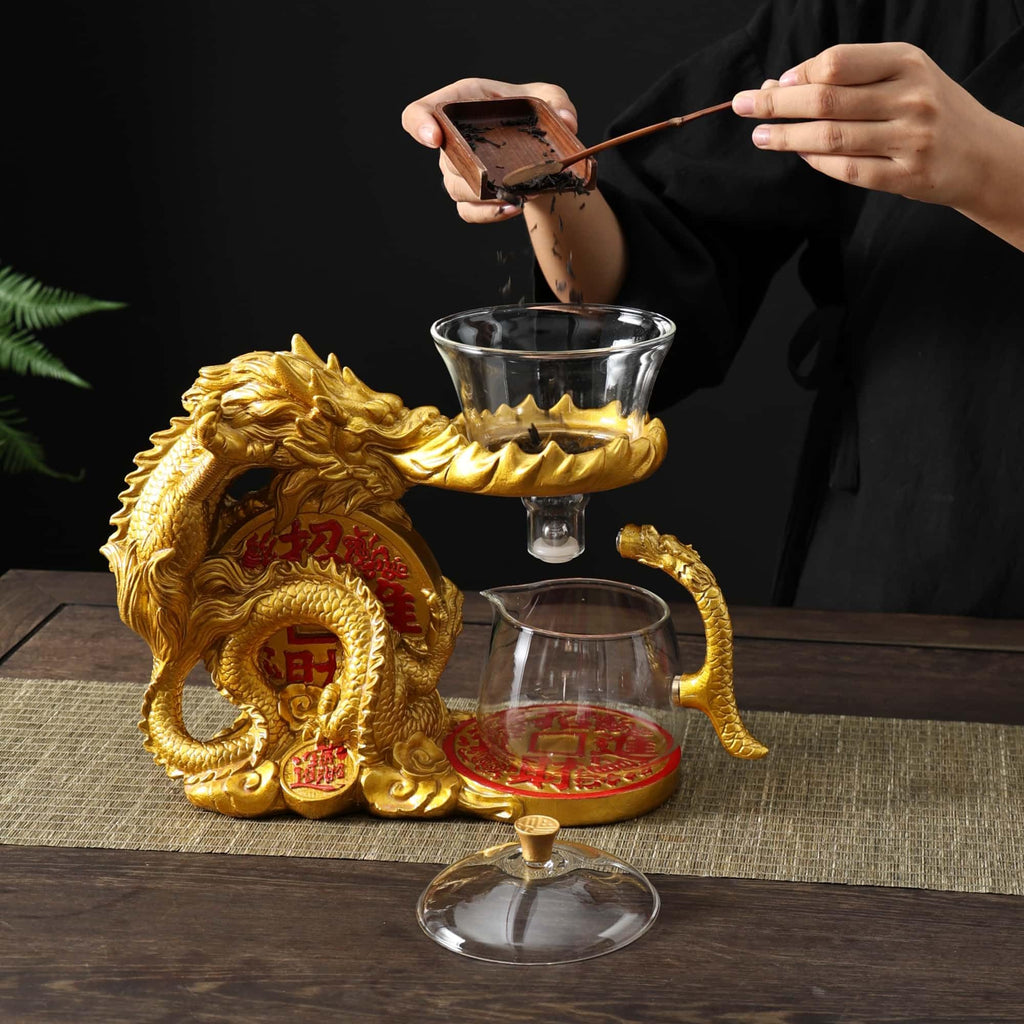 Glass Teapot Set with Infuser Semi Automatic Dragon Tea Set with 6 Small Cups (red golden dragon-b)