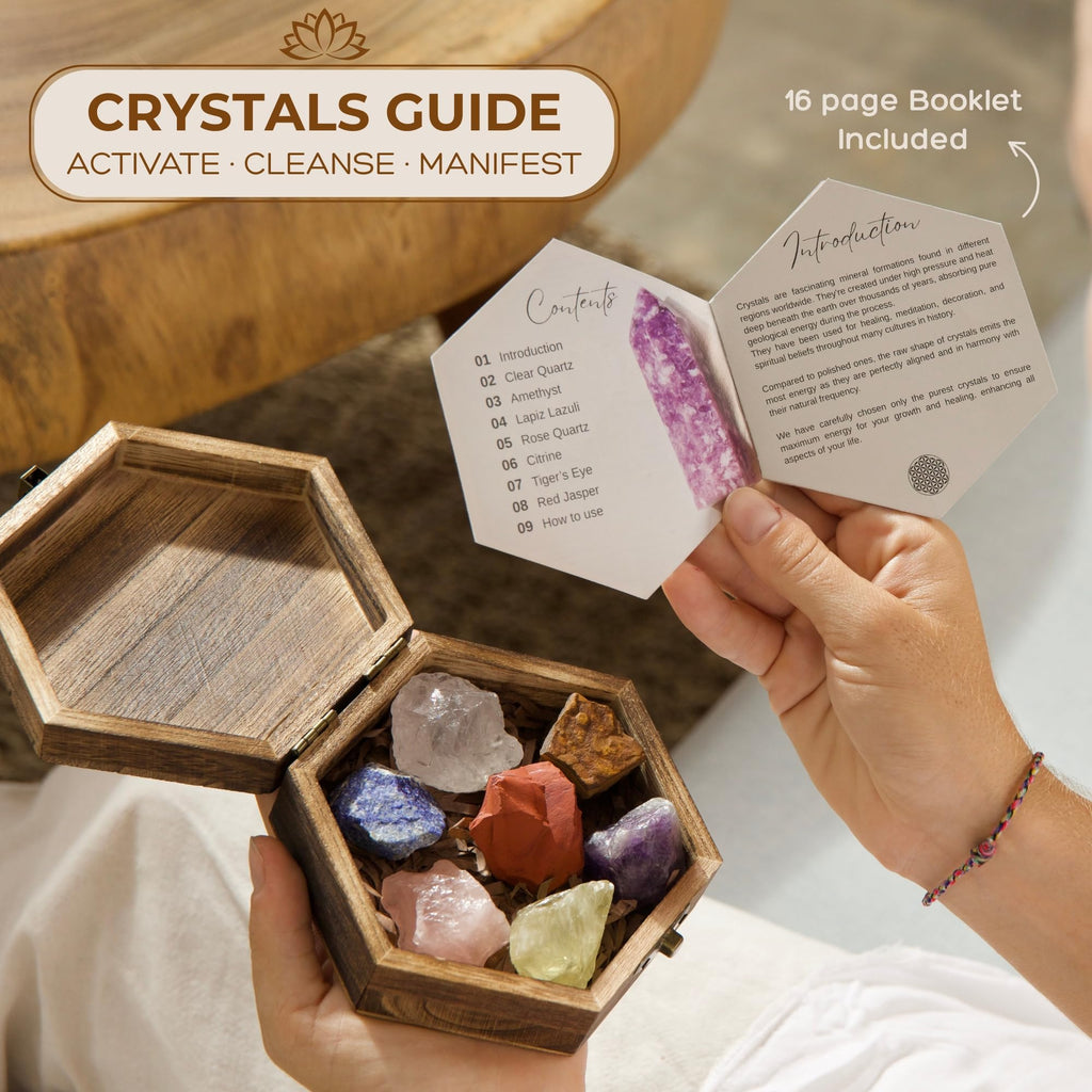 Anima Premium Protection Healing Crystals Set for Energy Shielding - Large Raw Obsidian, Black Tourmaline, Labradorite, Smoky Quartz & Selenite Bar - Wooden Gift Box and Guide Booklet Included