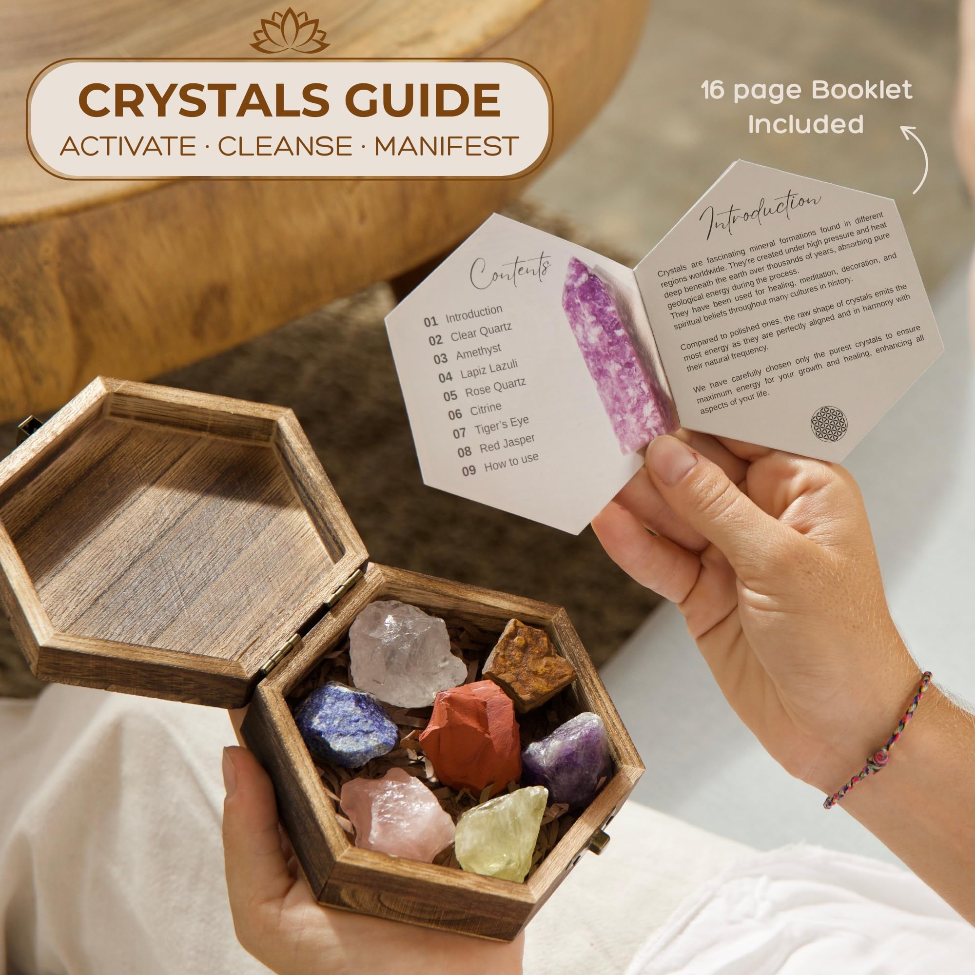 Anima Premium Protection Healing Crystals Set for Energy Shielding - Large Raw Obsidian, Black Tourmaline, Labradorite, Smoky Quartz & Selenite Bar - Wooden Gift Box and Guide Booklet Included
