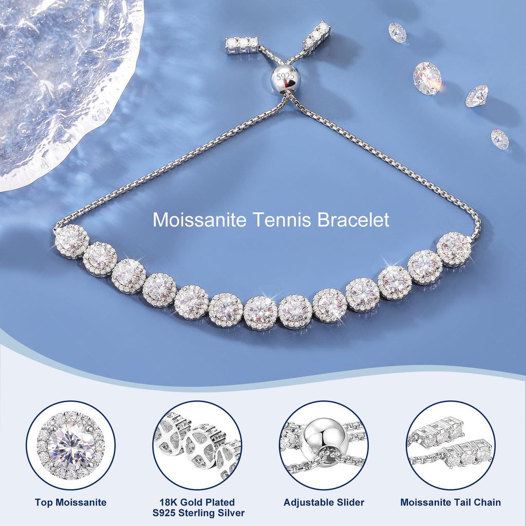 Moissanite Halo Bracelet 4.9CT-8.0CT Lab Grown Moissanite Bracelet for Women 18K White Gold Plated S925 Sterling Silver Adjustable Tennis Bracelet 5MM/7.5MM Iced Out Bracelets Cluster Jewelry