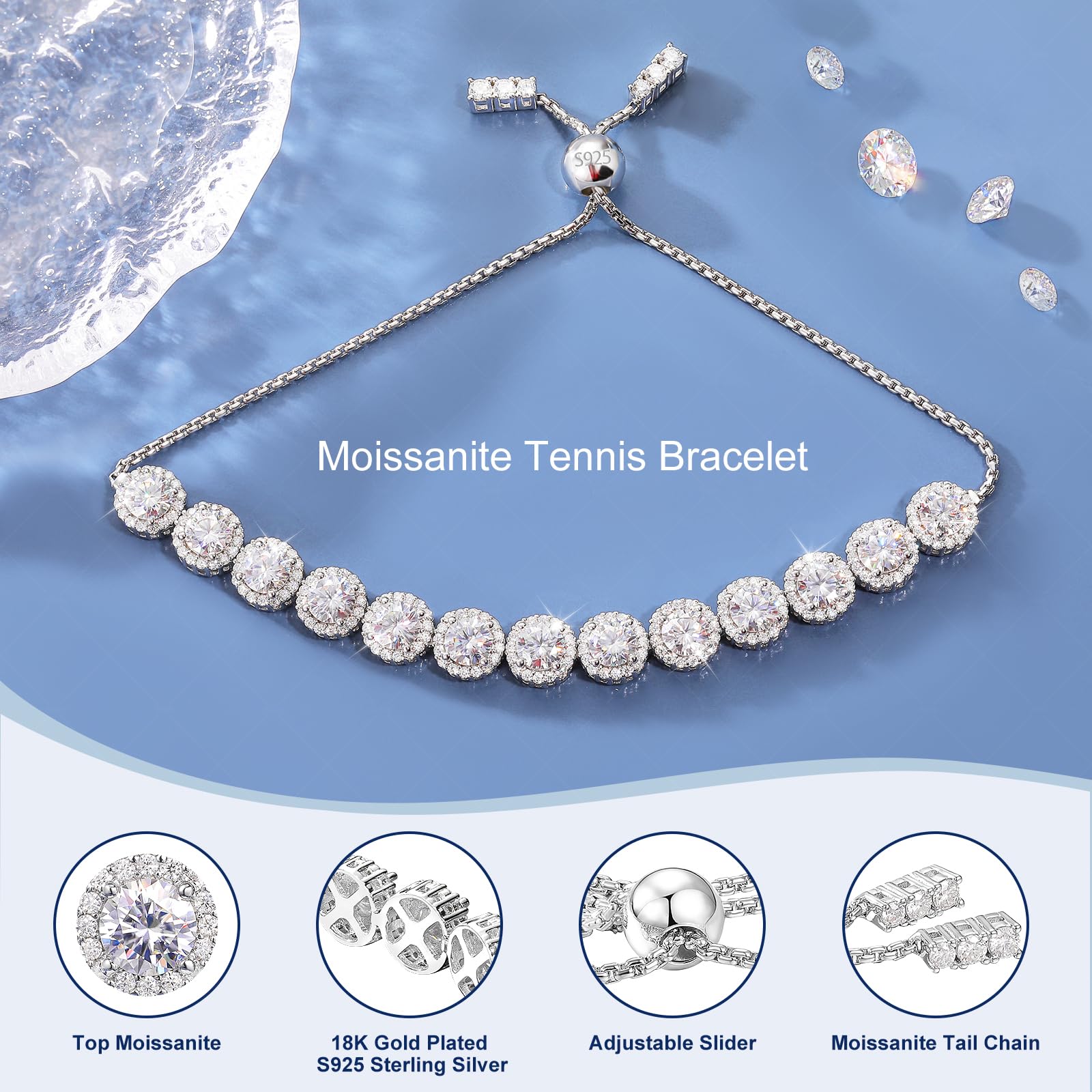 Moissanite Halo Bracelet 4.9CT-8.0CT Lab Grown Moissanite Bracelet for Women 18K White Gold Plated S925 Sterling Silver Adjustable Tennis Bracelet 5MM/7.5MM Iced Out Bracelets Cluster Jewelry