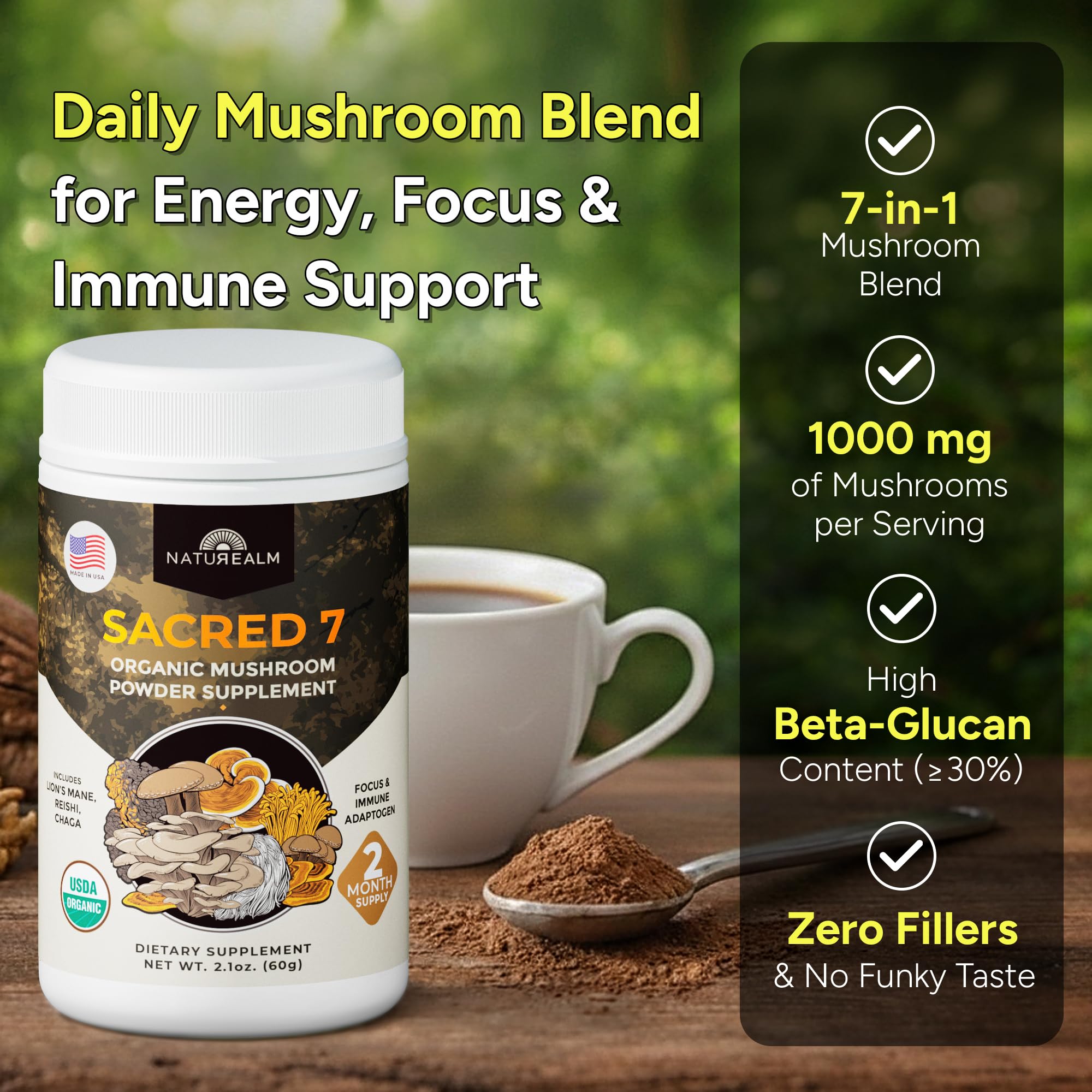 Naturealm Sacred 7 Organic Mushroom Powder Supplement | 7-Month Supply | 7-in-1 Blend with Lions Mane, Reishi, Chaga | Brain & Immune Support | 100% Fruiting Bodies for Coffee & Smoothies