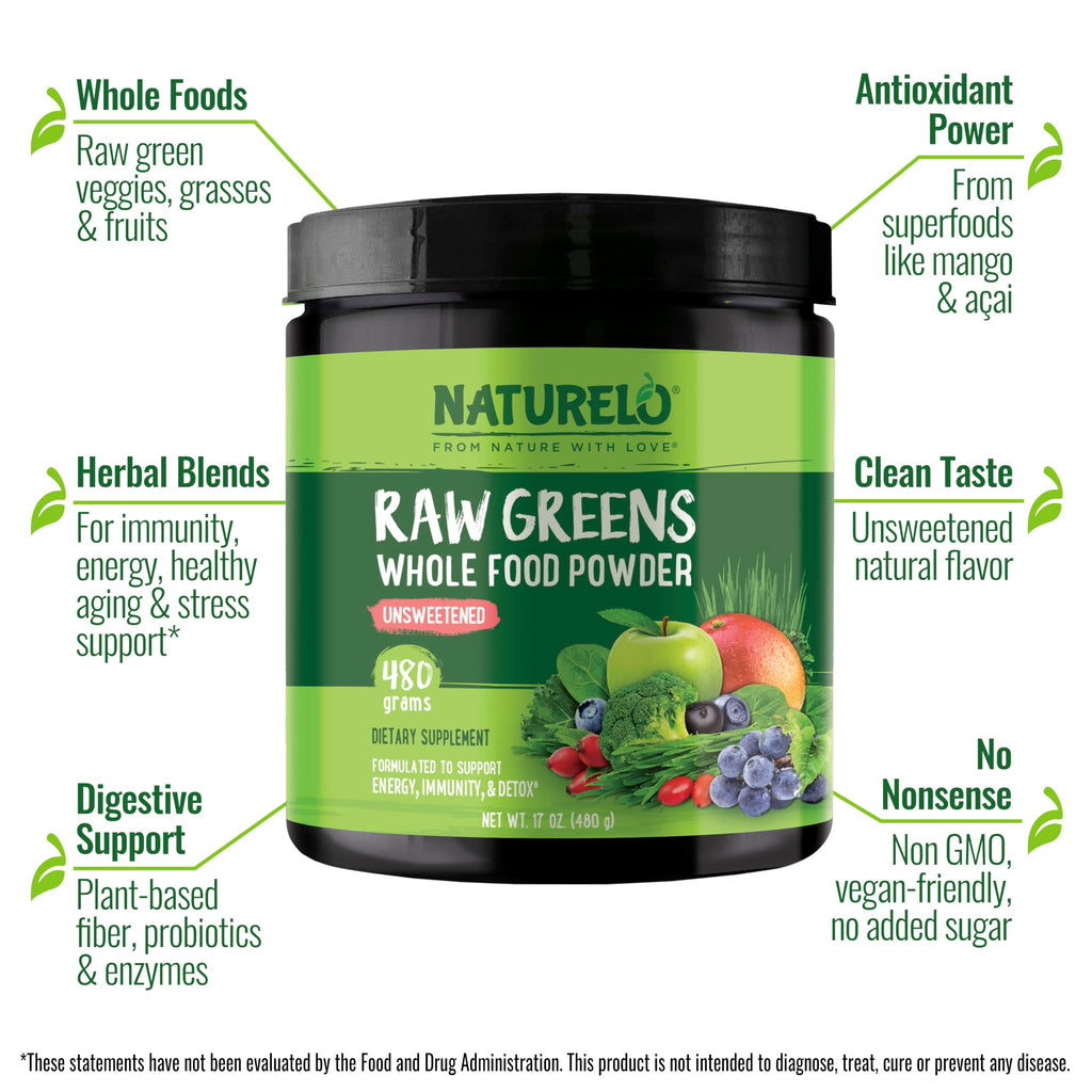 NATURELO Raw Greens Superfood Powder - Unsweetened - Boost Energy, Detox, Enhance Health - Organic Spirulina - Wheat Grass - Whole Food Nutrition from Fruits & Vegetables - 240 Grams