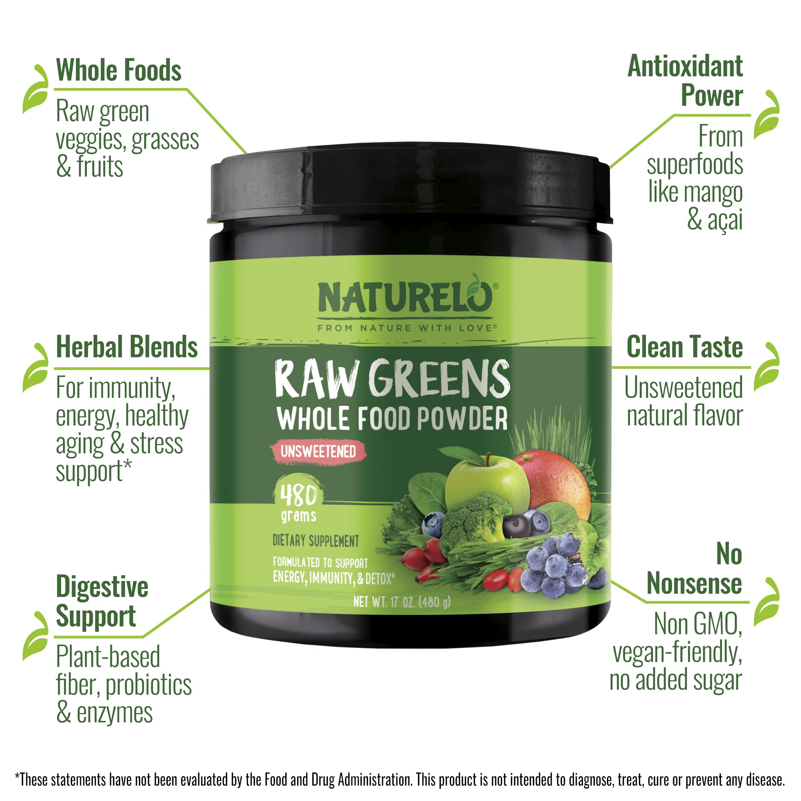 NATURELO Raw Greens Superfood Powder - Unsweetened - Boost Energy, Detox, Enhance Health - Organic Spirulina - Wheat Grass - Whole Food Nutrition from Fruits & Vegetables - 240 Grams