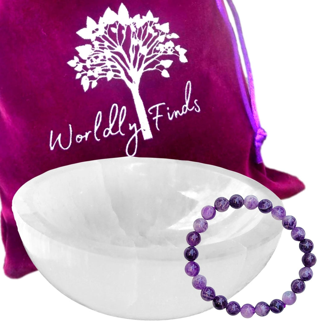 Selenite Charging Bowl & Amethyst Crystal Bracelet Gift Set - Polished Thickly Hand-Carved, Moroccan Crystal Holder to Charge, Cleanse Crystals, Smudging Bowl, Spiritual Gifts Set (Amethyst)