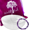 Selenite Charging Bowl & Amethyst Crystal Bracelet Gift Set - Polished Thickly Hand-Carved, Moroccan Crystal Holder to Charge, Cleanse Crystals, Smudging Bowl, Spiritual Gifts Set (Amethyst)