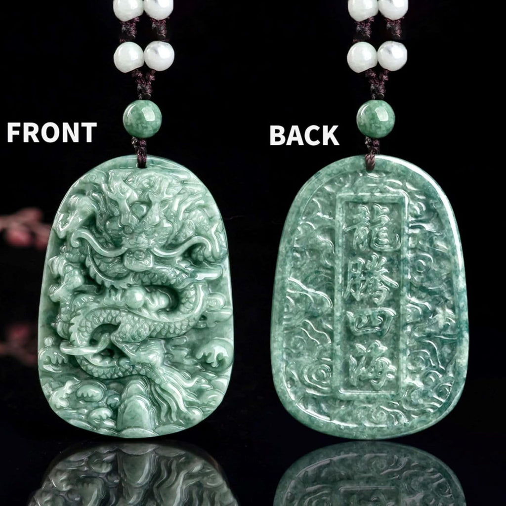 Natural Jade Dragon Pendant Necklace Grade A Untreated Burmese Jadeite Certified Hand carved Double-sided Delicate Carving Green Amulet for Men and Women