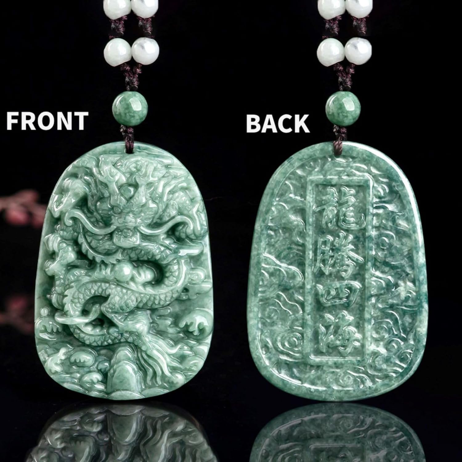 Natural Jade Dragon Pendant Necklace Grade A Untreated Burmese Jadeite Certified Hand carved Double-sided Delicate Carving Green Amulet for Men and Women