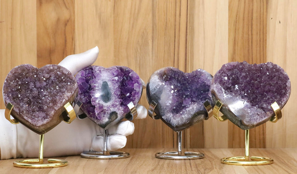 Hand-carved Amethyst Heart Cluster with Stand, Natural Raw Crystal Heart Stone 1–7 Inch tall (50g–1200g), Reiki Healing Gemstone, Love, spiritual Valentine Gift. (200-350 Grams-1.5 to 2.5" tall)