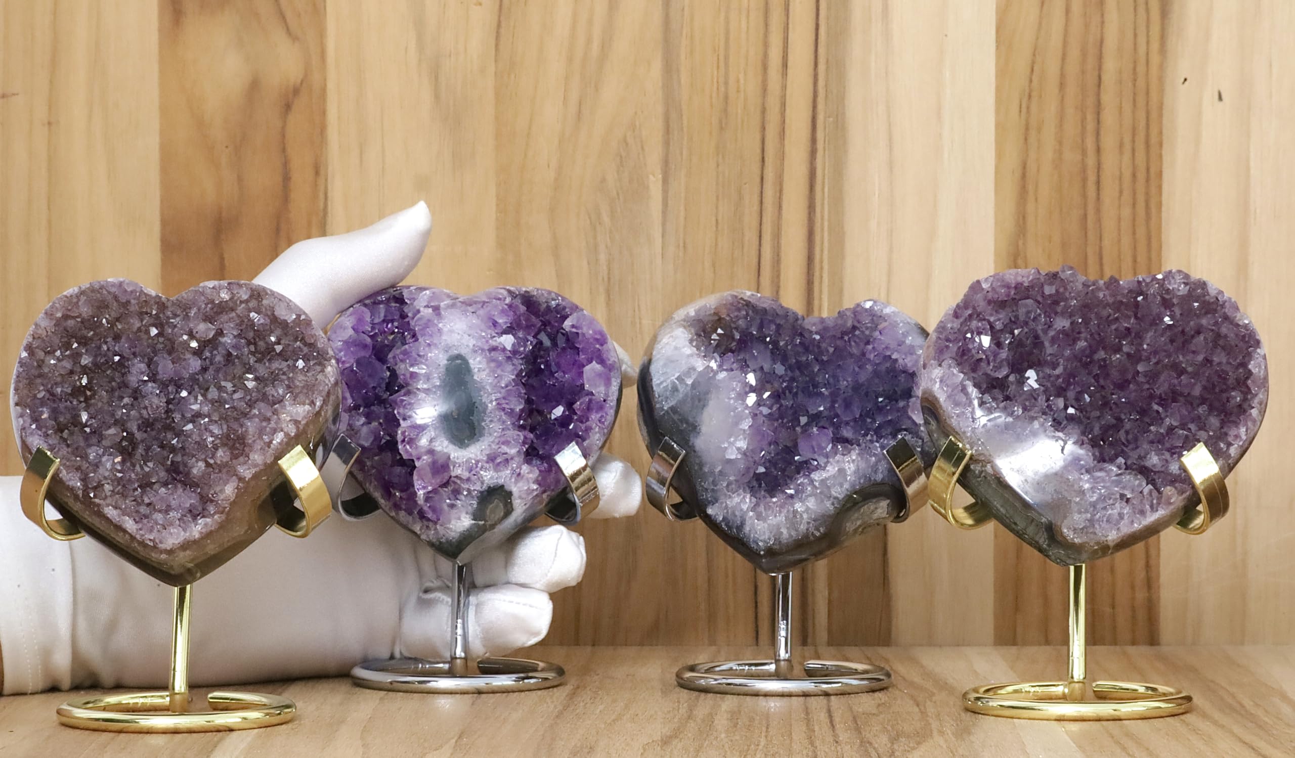 Hand-carved Amethyst Heart Cluster with Stand, Natural Raw Crystal Heart Stone 1–7 Inch tall (50g–1200g), Reiki Healing Gemstone, Love, spiritual Valentine Gift. (200-350 Grams-1.5 to 2.5" tall)