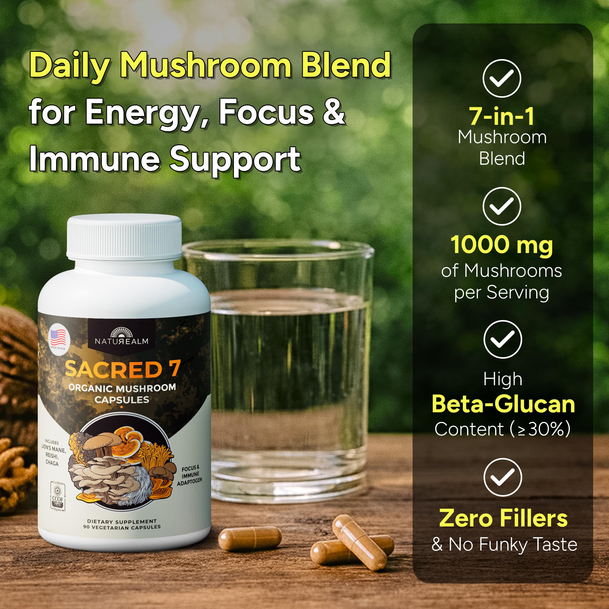 Naturealm Sacred 7 Organic Mushroom Powder Supplement | 7-Month Supply | 7-in-1 Blend with Lions Mane, Reishi, Chaga | Brain & Immune Support | 100% Fruiting Bodies for Coffee & Smoothies