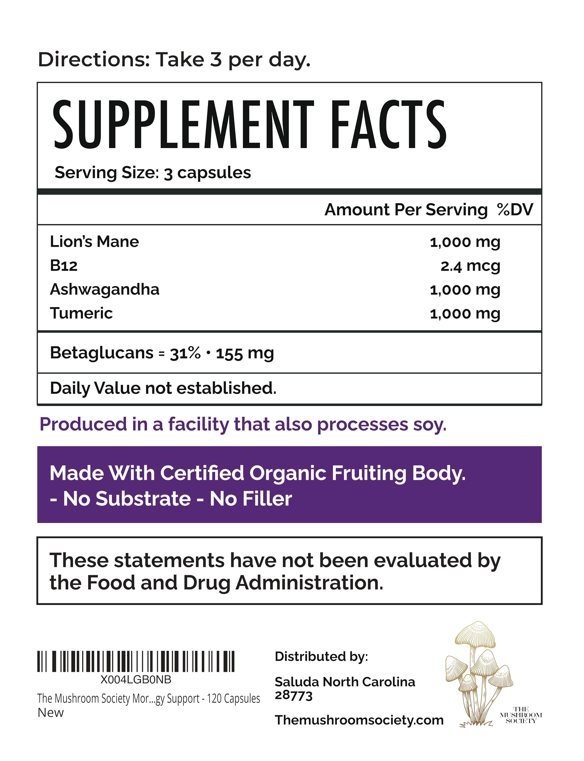 Morning Rush - Lion’s Mane, Ashwagandha, Turmeric & B12 Extract Blend Supplement - Focus & Energy Support - 60 Vegan Capsules