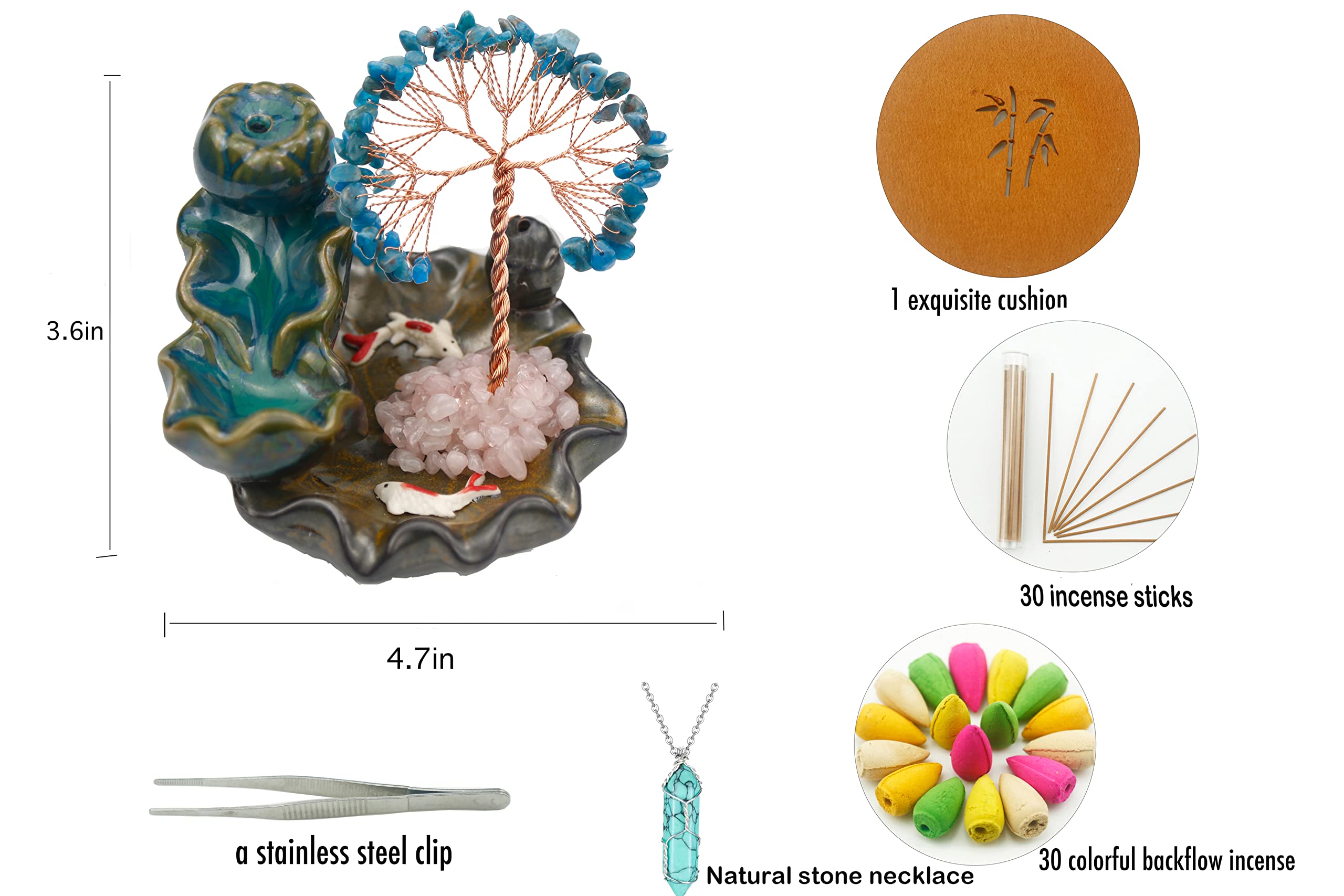 Waterfall Burner, Crystal Tree Backflow Incense Holder, with 30 Incense Cones, 30 Incense Stick, 1 Healing Crystal Necklace, Aromatherapy Anxiety Relief Items, Mom Gifts for Christmas