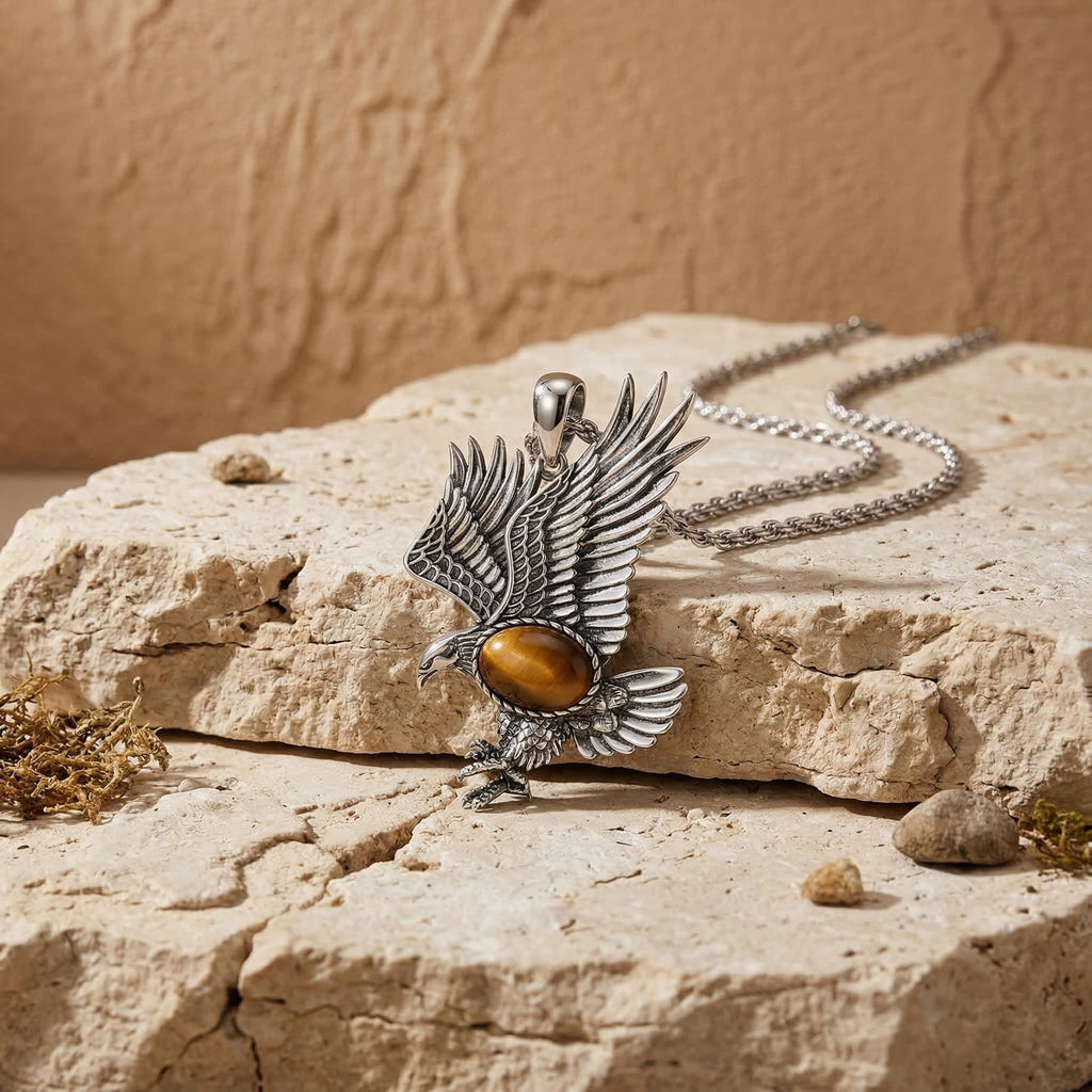 Eagle Necklace for Men 925 Sterling Silver Real Gemstone Vintage Hawk Pendant Western Viking Animal Jewelry Gifts for Father