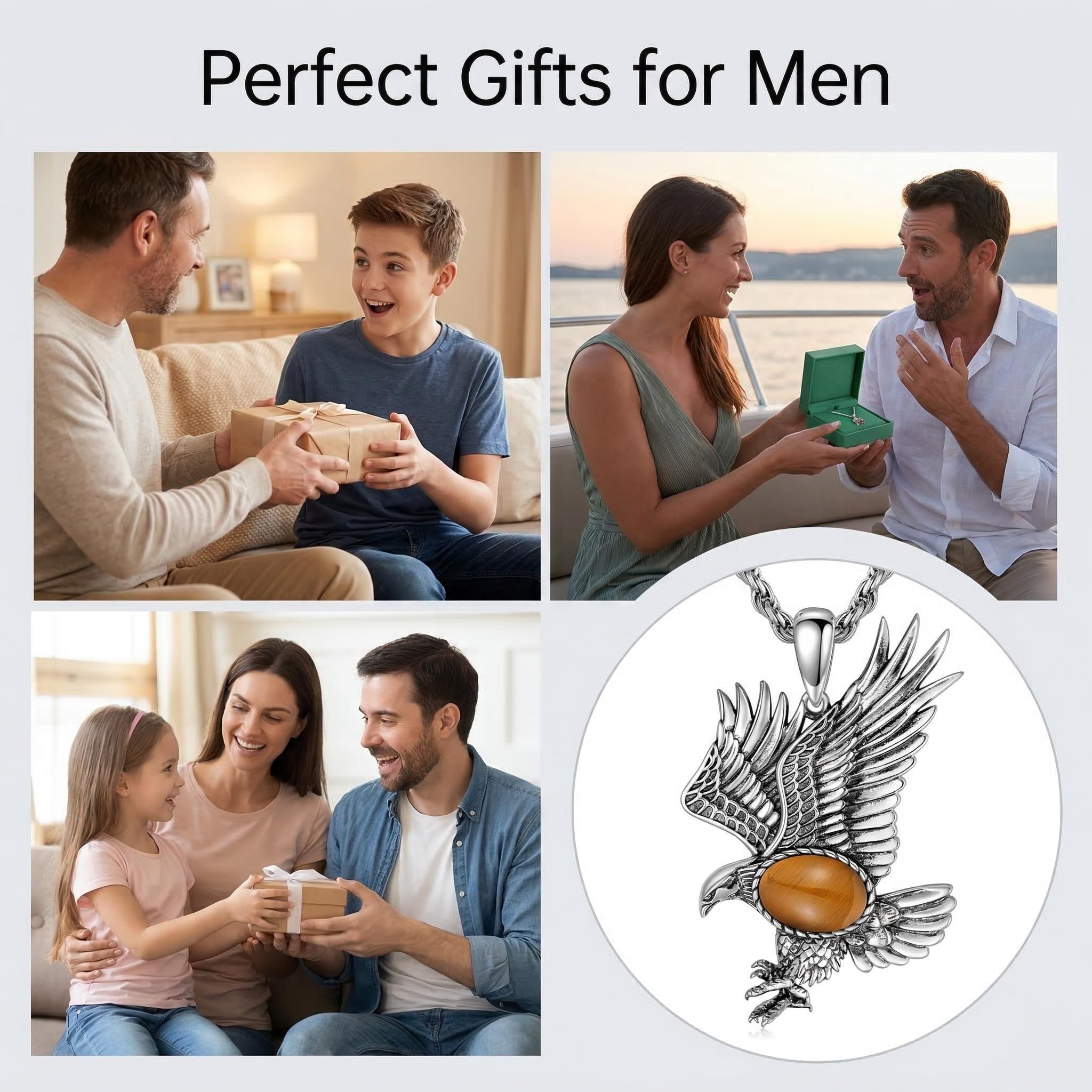 Eagle Necklace for Men 925 Sterling Silver Real Gemstone Vintage Hawk Pendant Western Viking Animal Jewelry Gifts for Father