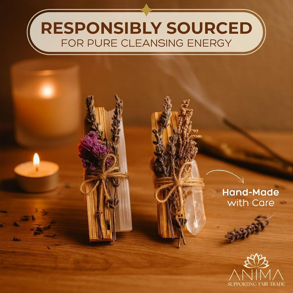 Anima Premium Energy Cleansing Set – White Sage Smudge Sticks, Palo Santo Sticks, Clear Quartz & Selenite Crystal with Smudge Bowl for Crystals & Home Cleansing, Meditation & Manifestation