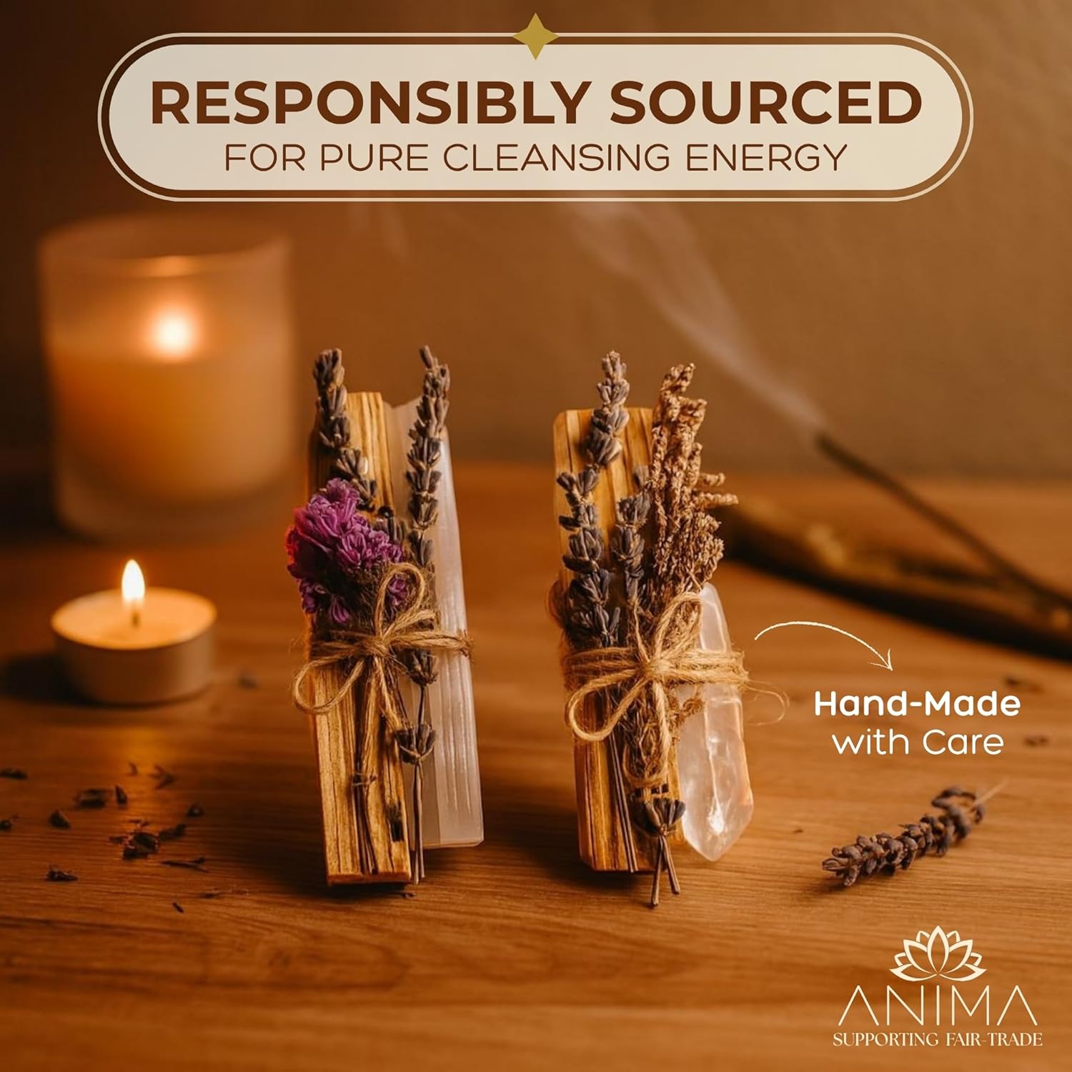 Anima Premium Energy Cleansing Set – White Sage Smudge Sticks, Palo Santo Sticks, Clear Quartz & Selenite Crystal with Smudge Bowl for Crystals & Home Cleansing, Meditation & Manifestation
