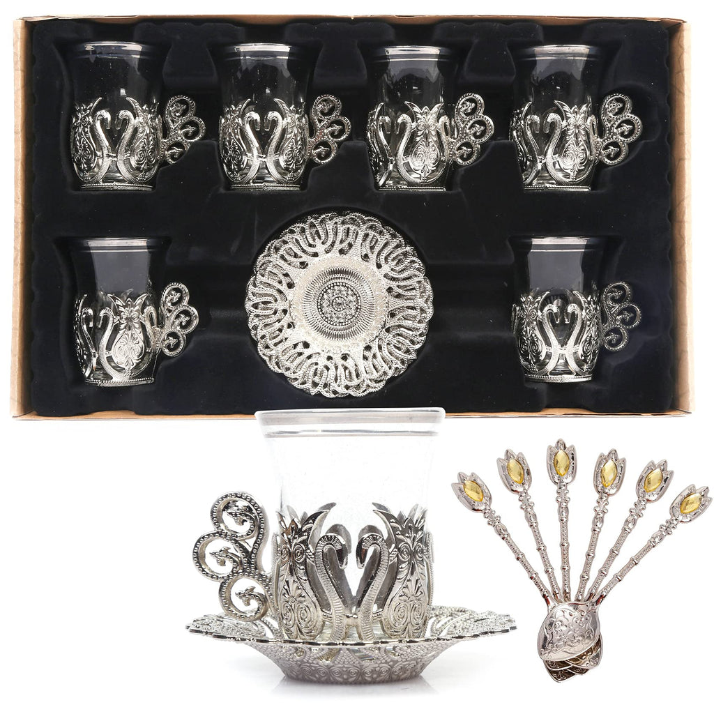 Alisveristime (SET OF 6 Handmade Turkish Tea Water Zamzam Serving Set Glasses Saucer and Spoon (Ottoman) (Gold)