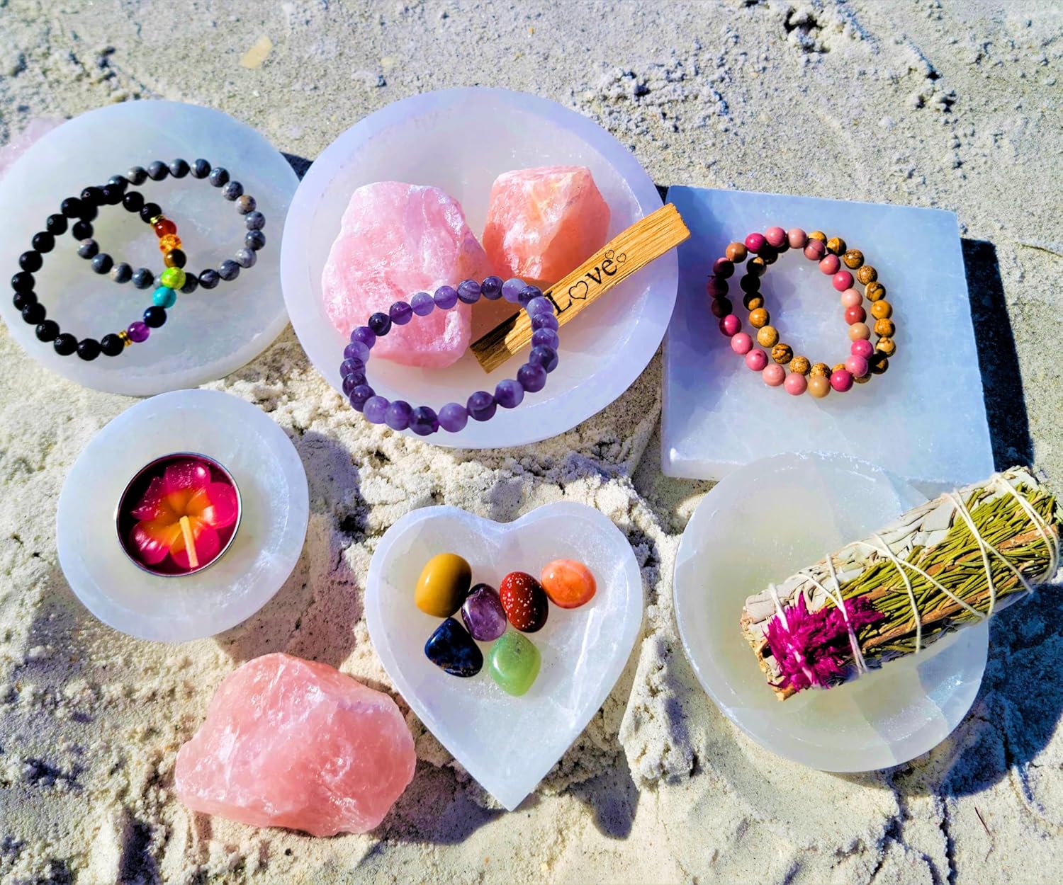 Selenite Charging Bowl & Amethyst Crystal Bracelet Gift Set - Polished Thickly Hand-Carved, Moroccan Crystal Holder to Charge, Cleanse Crystals, Smudging Bowl, Spiritual Gifts Set (Amethyst)