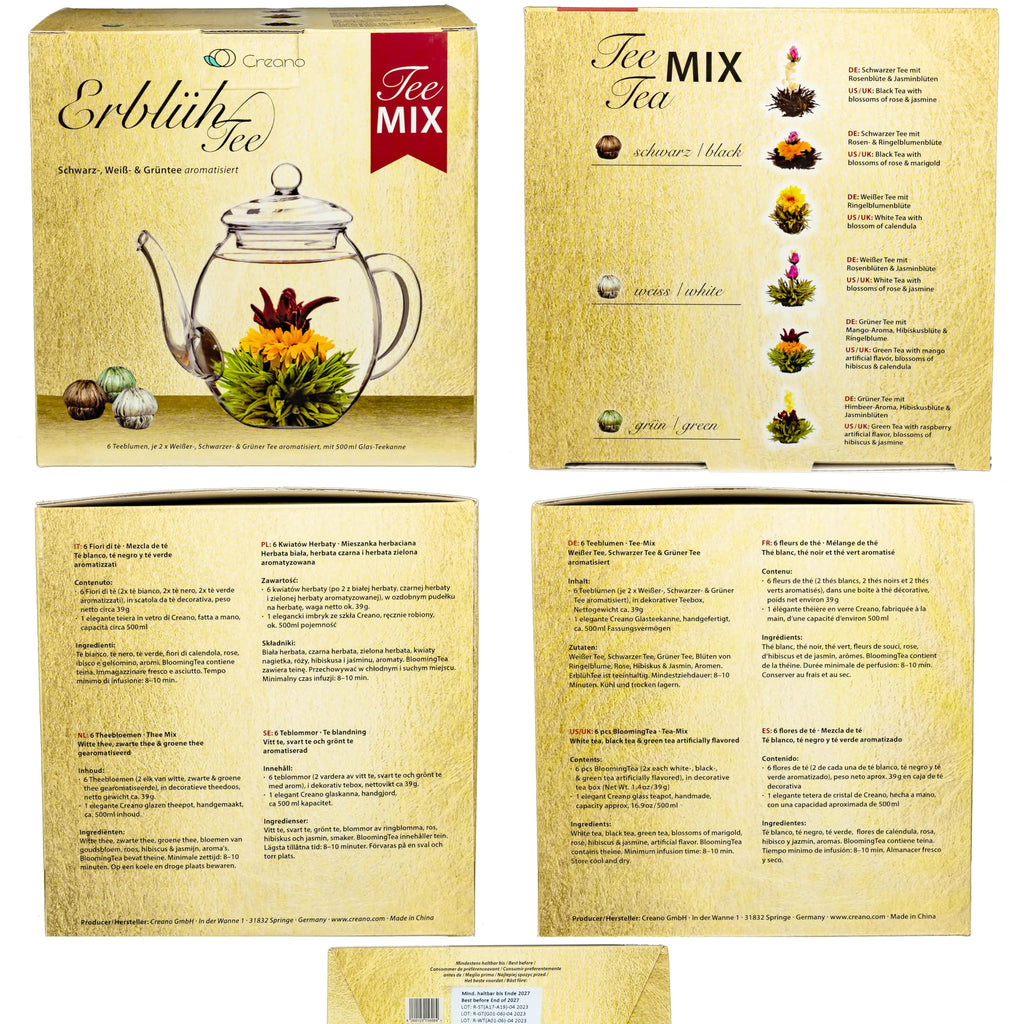 Creano Blooming Tea Gift Set with Glass Teapot 17oz (500ml) - Green Tea Fruity Flavoured Tea Flowers in 6 Varieties - Flowering Tea Gift for Easter