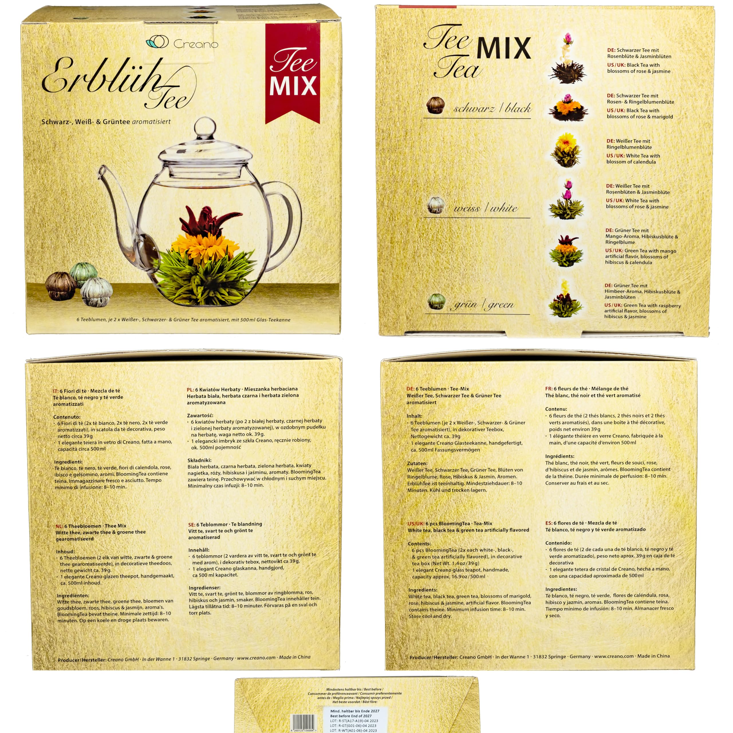 Creano Blooming Tea Gift Set with Glass Teapot 17oz (500ml) - Green Tea Fruity Flavoured Tea Flowers in 6 Varieties - Flowering Tea Gift for Easter