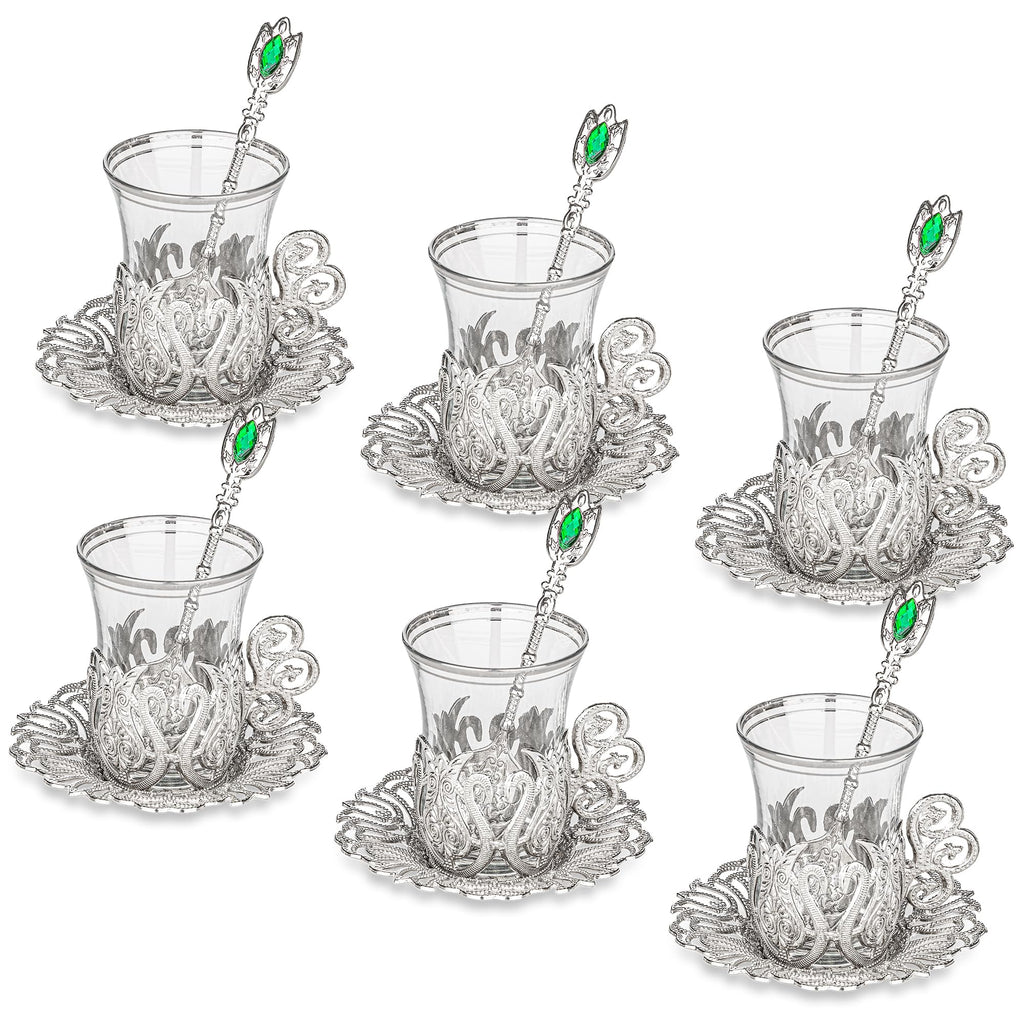 Alisveristime (SET OF 6 Handmade Turkish Tea Water Zamzam Serving Set Glasses Saucer and Spoon (Ottoman) (Gold)