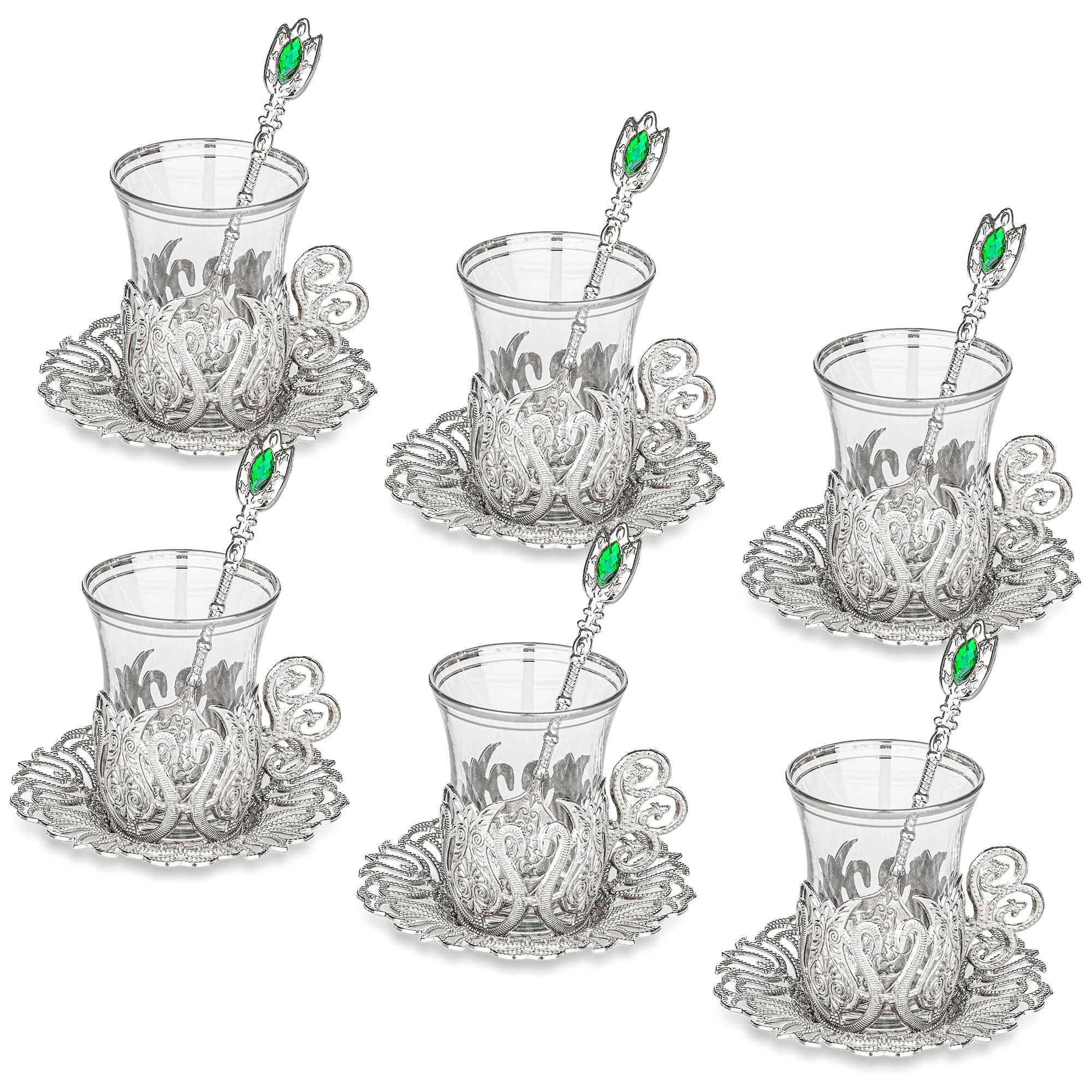 Alisveristime (SET OF 6 Handmade Turkish Tea Water Zamzam Serving Set Glasses Saucer and Spoon (Ottoman) (Gold)