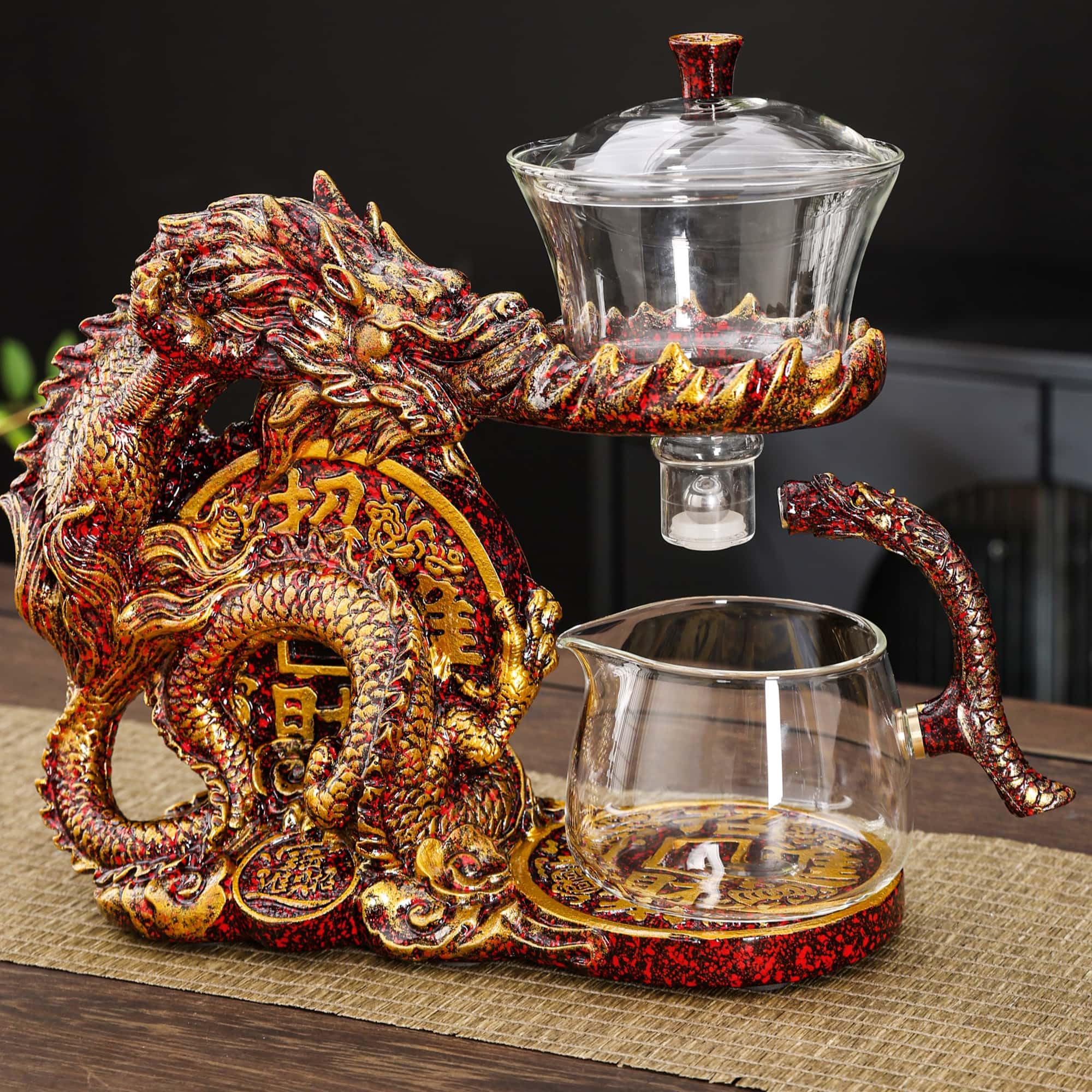 Glass Teapot Set with Infuser Semi Automatic Dragon Tea Set with 6 Small Cups (red golden dragon-b)